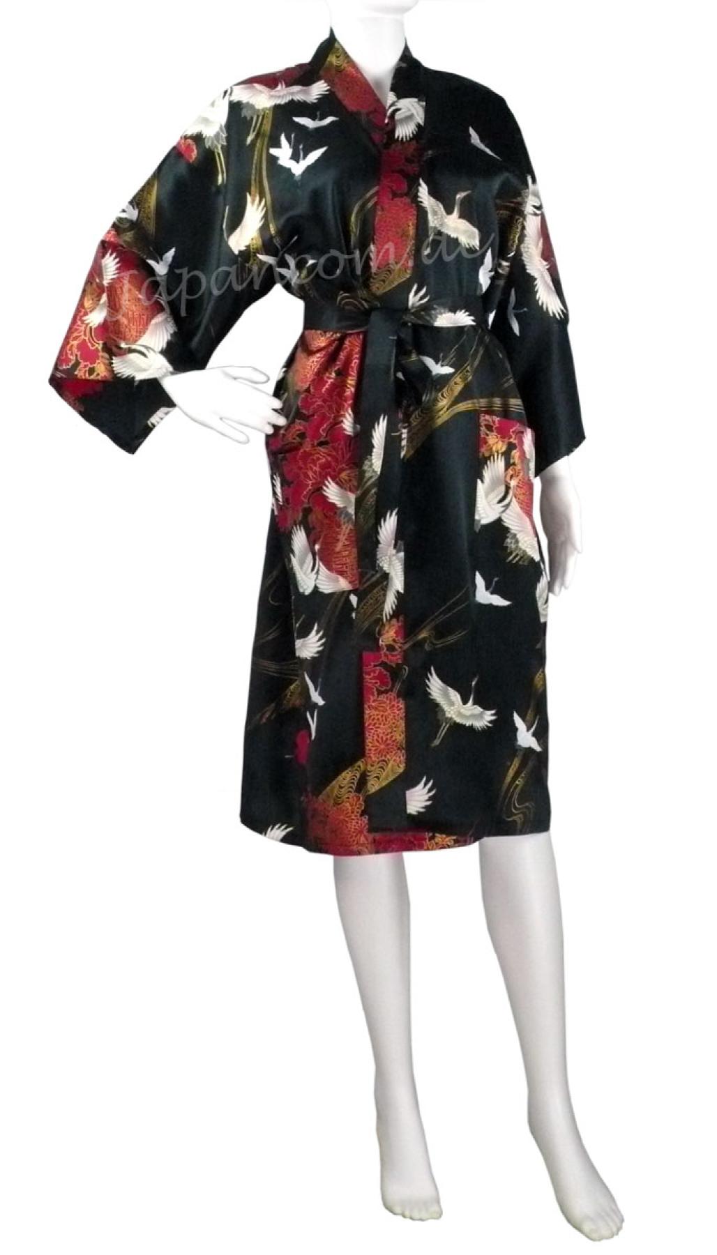 Seidenkimono Morgenmantel Tsuru schwarz, kurz