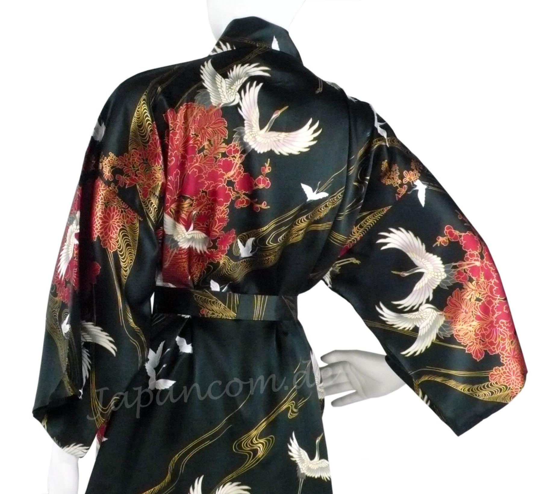 Seidenkimono Morgenmantel Tsuru schwarz, kurz