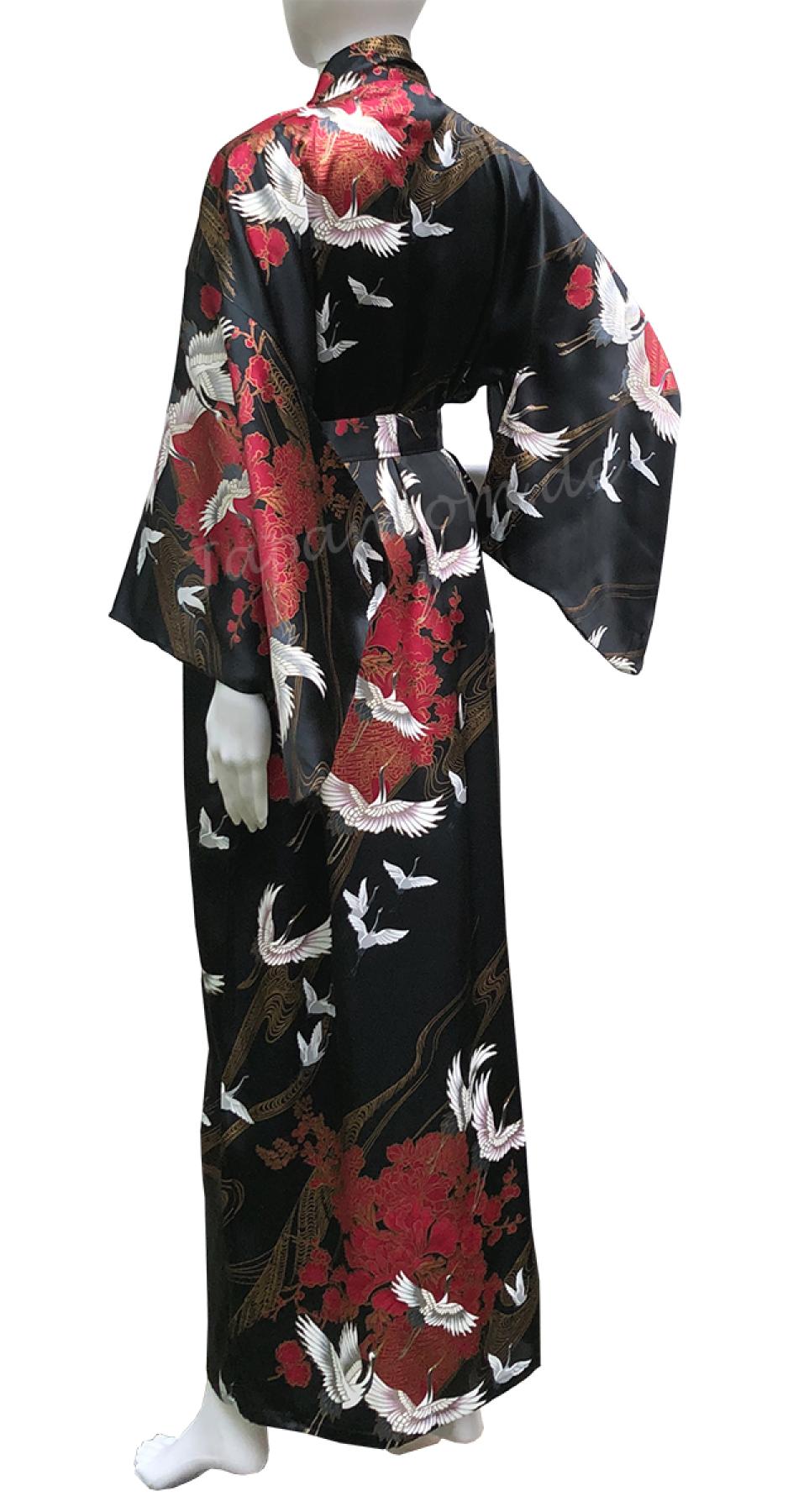 Damenkimono Tsuru (Kranich) Seide schwarz, lang