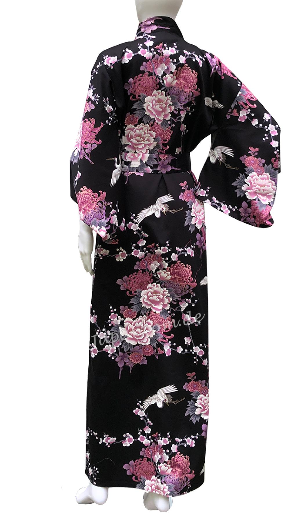 Schwarzer Damenkimono mit fliegenden Kranichen aus Baumwollsatin