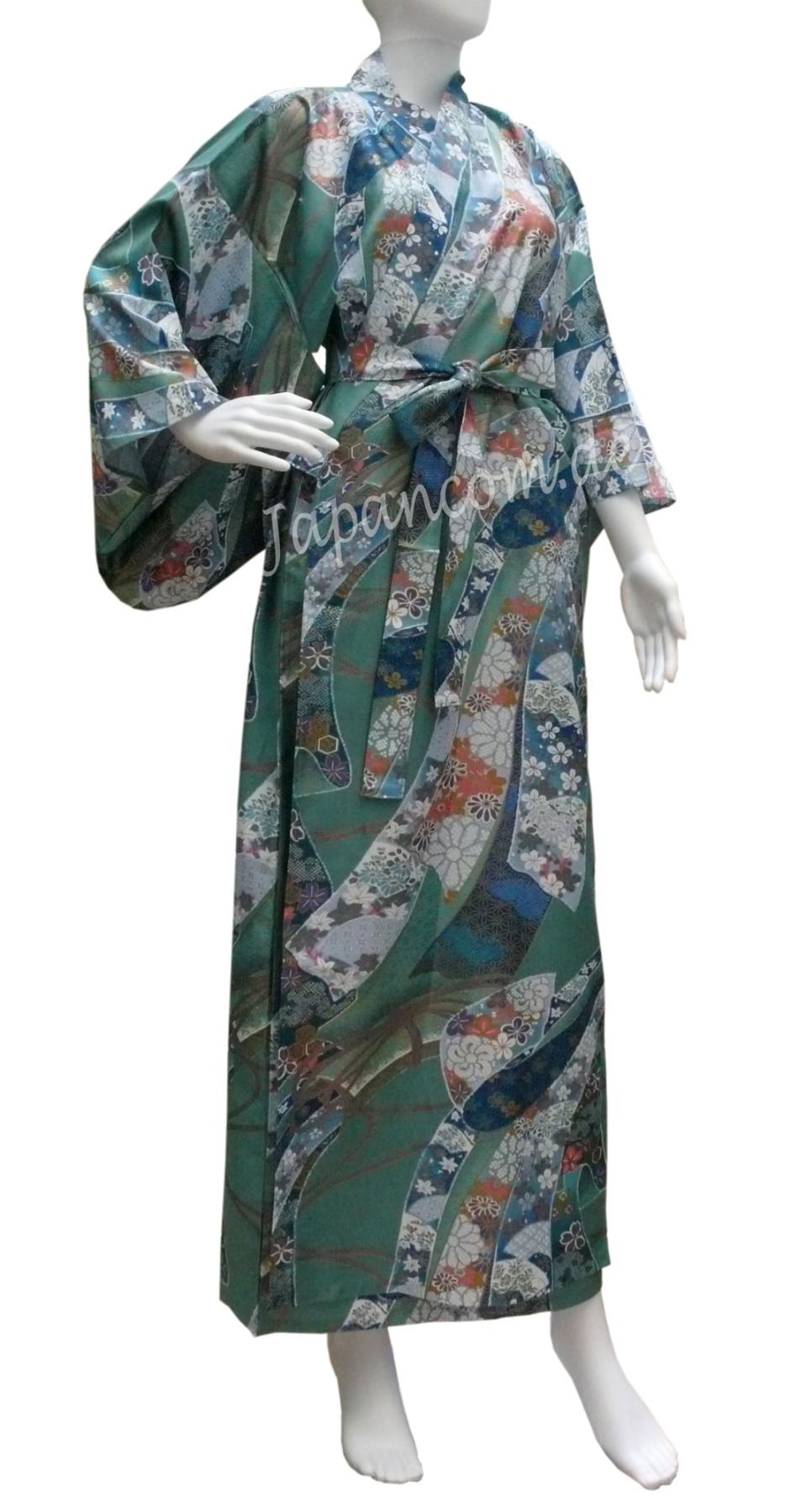 Grüner Damenkimono mit Muster aus Schleifenbändern