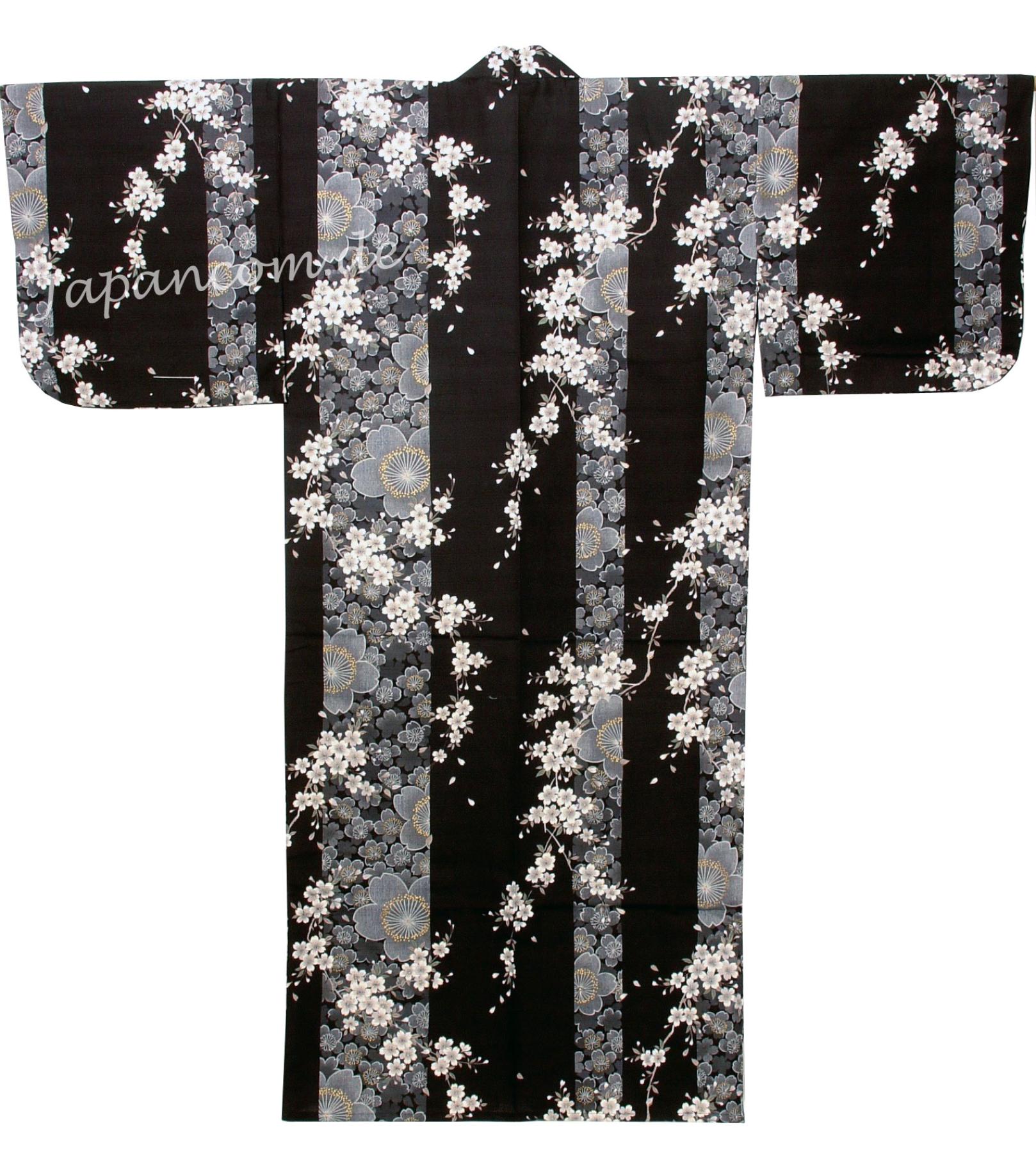 Kimono Sakura (Kirschblüte) schwarz, lang, Dame verschiedene Größen