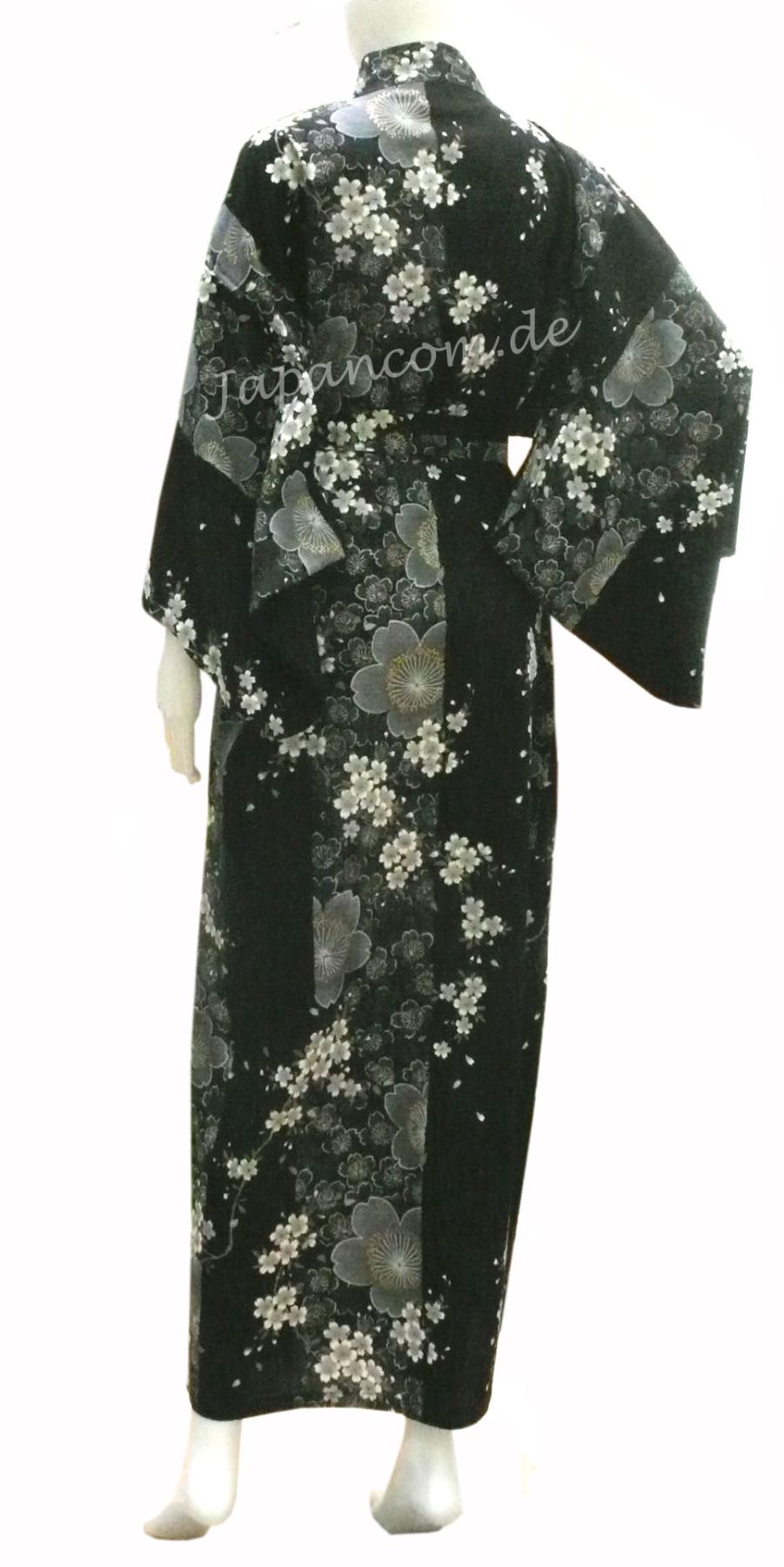 Langer Damenkimono in Schwarz mit Kirschblüten