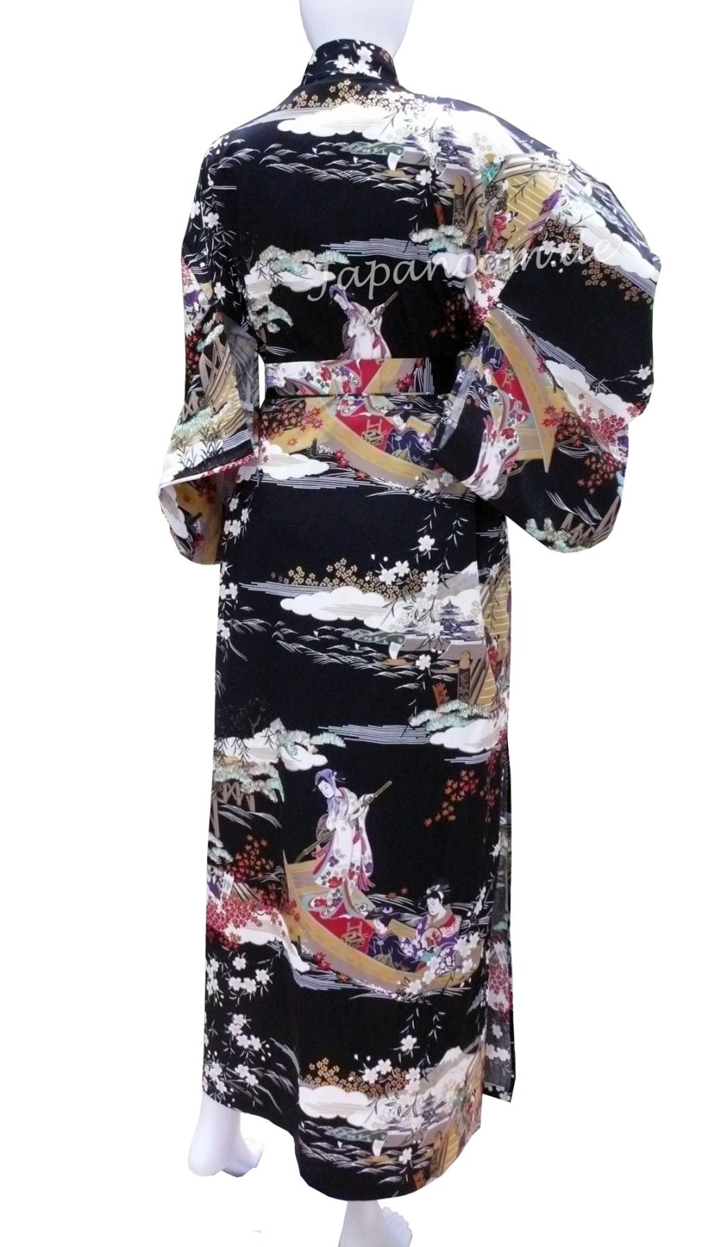 Schwarzer Damenkimono aus Baumwollsatin mit Ukiyo-e-Muster
