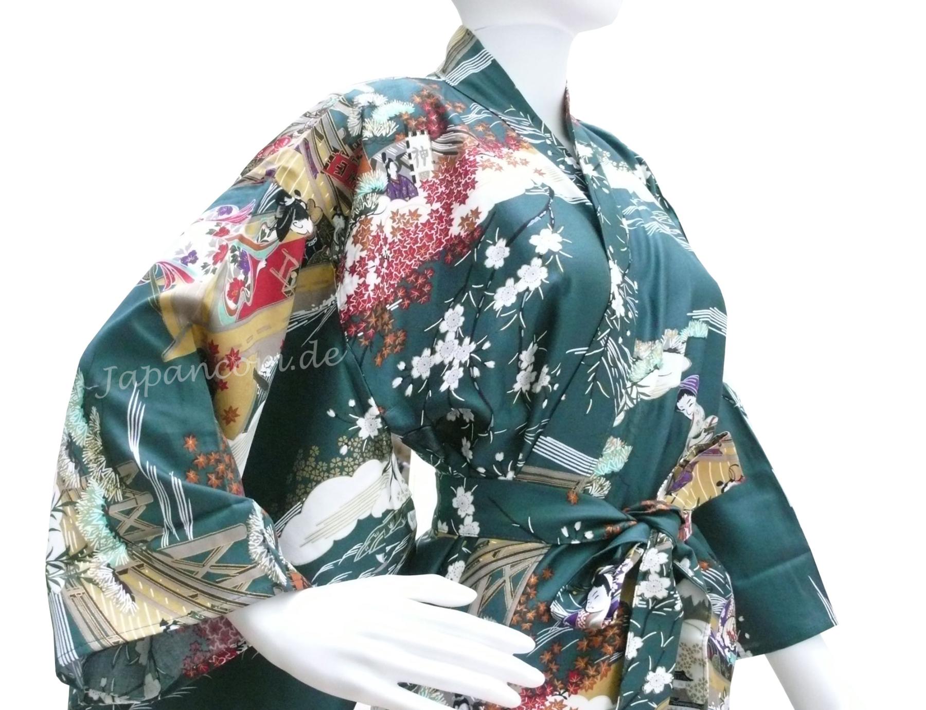 Damenkimono Ukiyoe in Grün mit Blumen