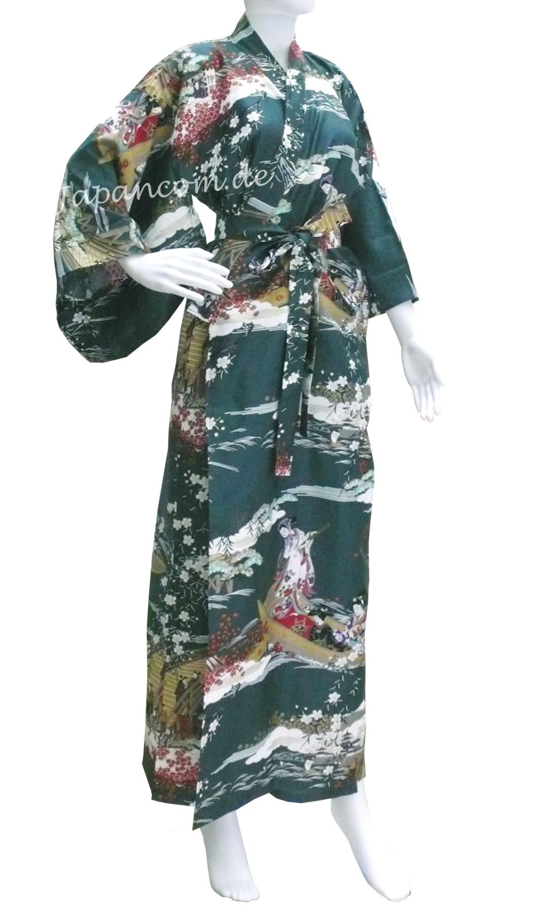 Grüner Damenkimono mit traditionellem Ukiyo-e-Muster