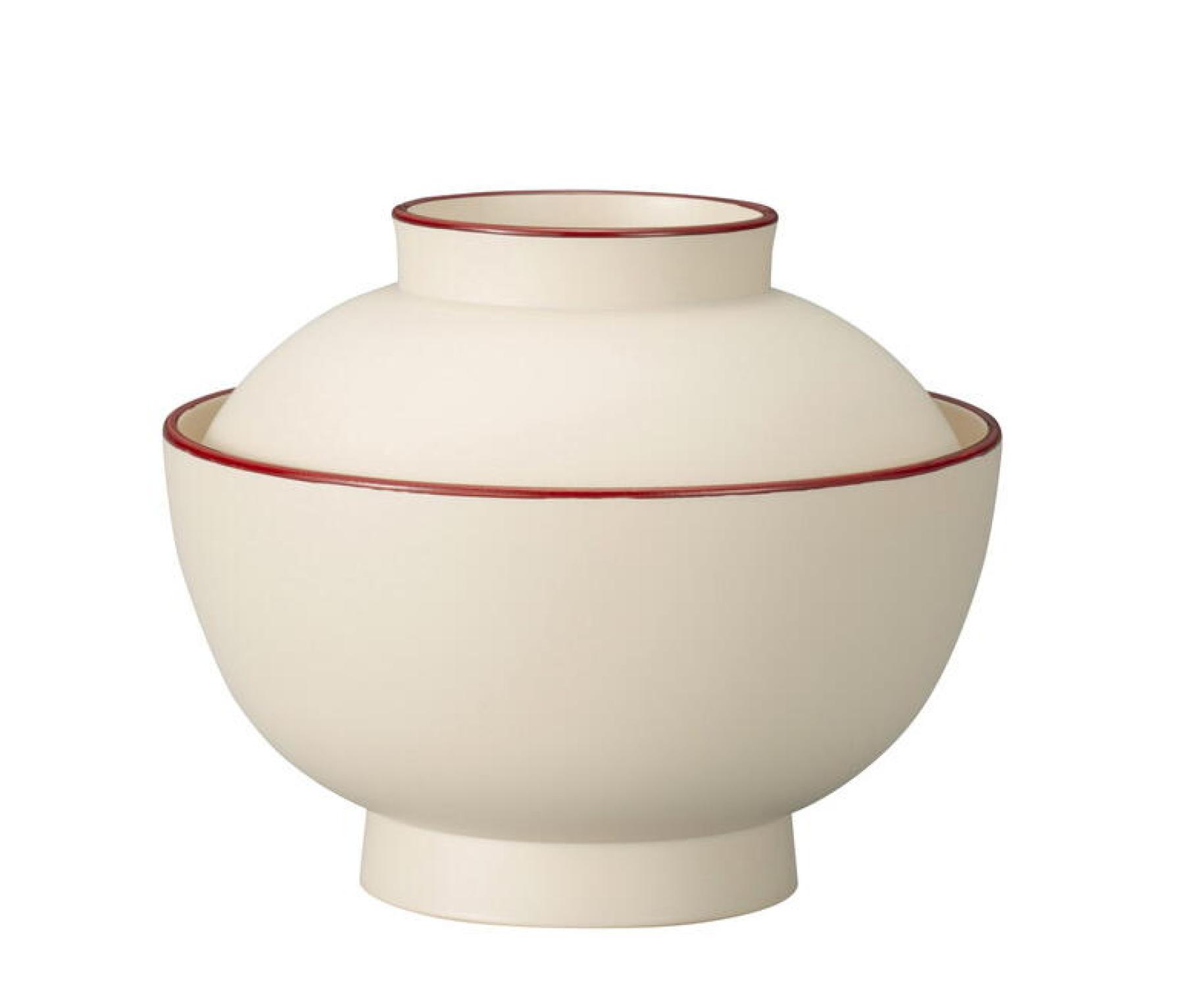 matte Deckelschale Ivory mit braunem Rand beige