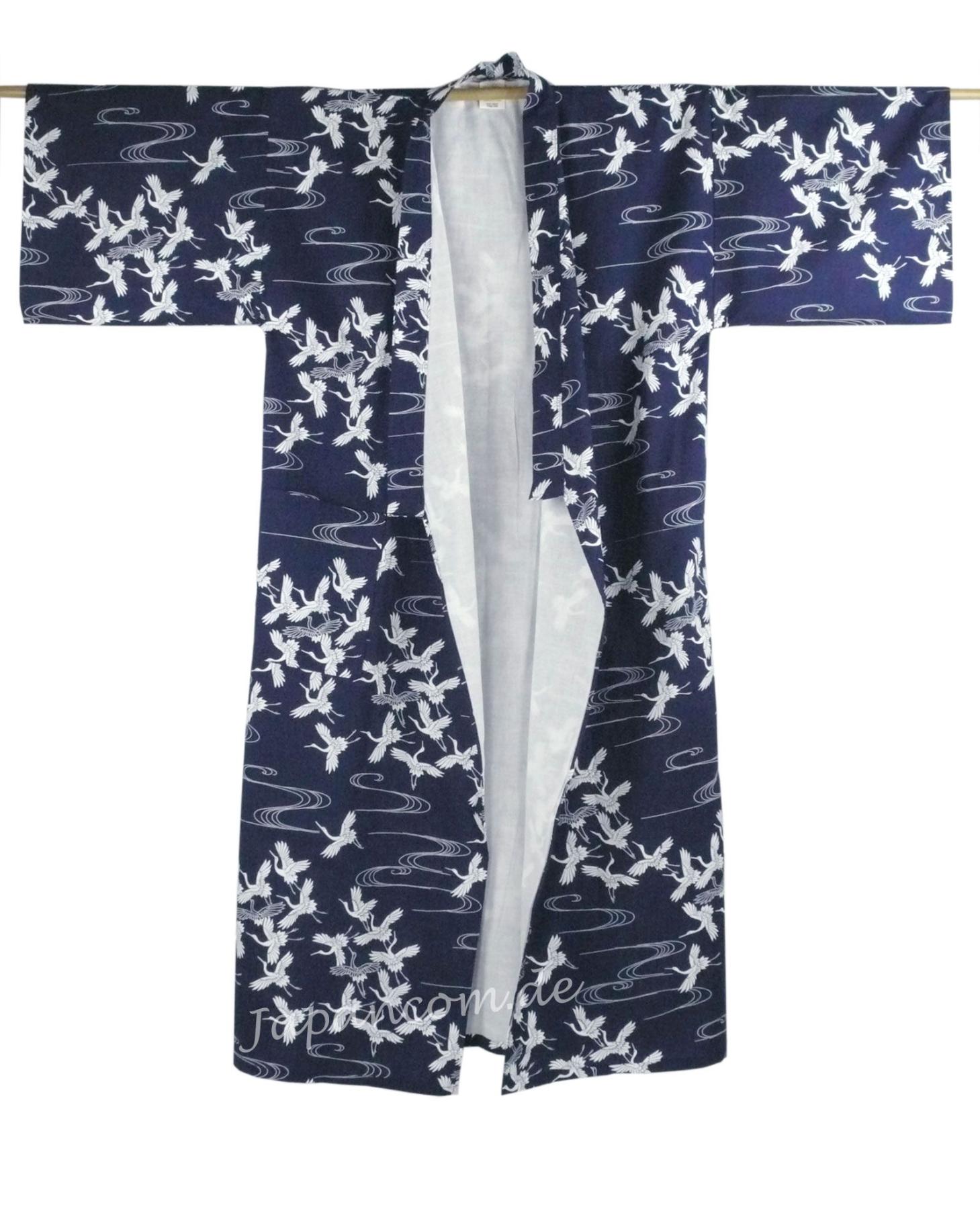 Damen Kimono Schneekraniche blau 135 cm gefüttert