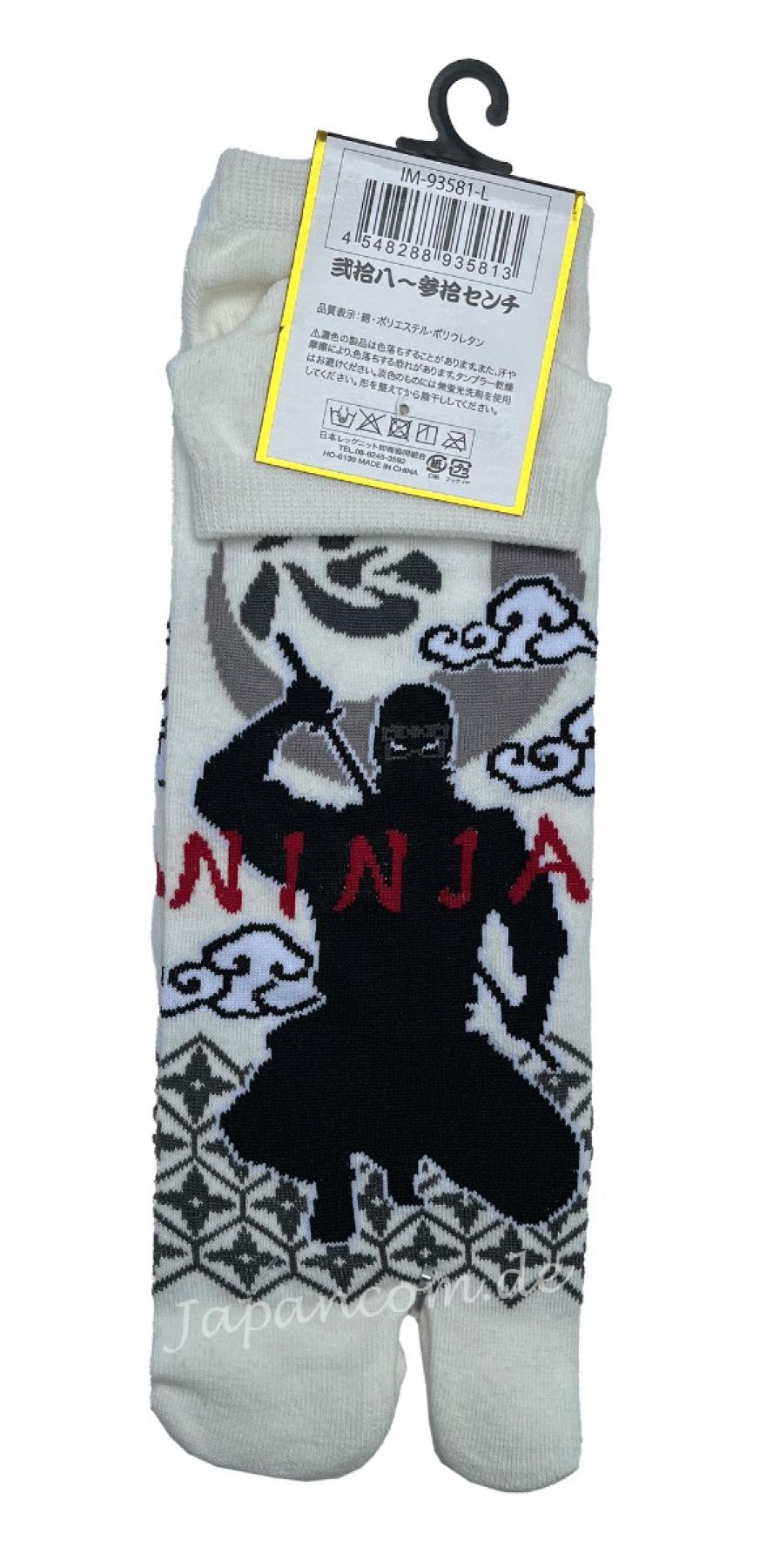 Weisse Tabi Socken mit Ninja und Kanji Schriftzeichen