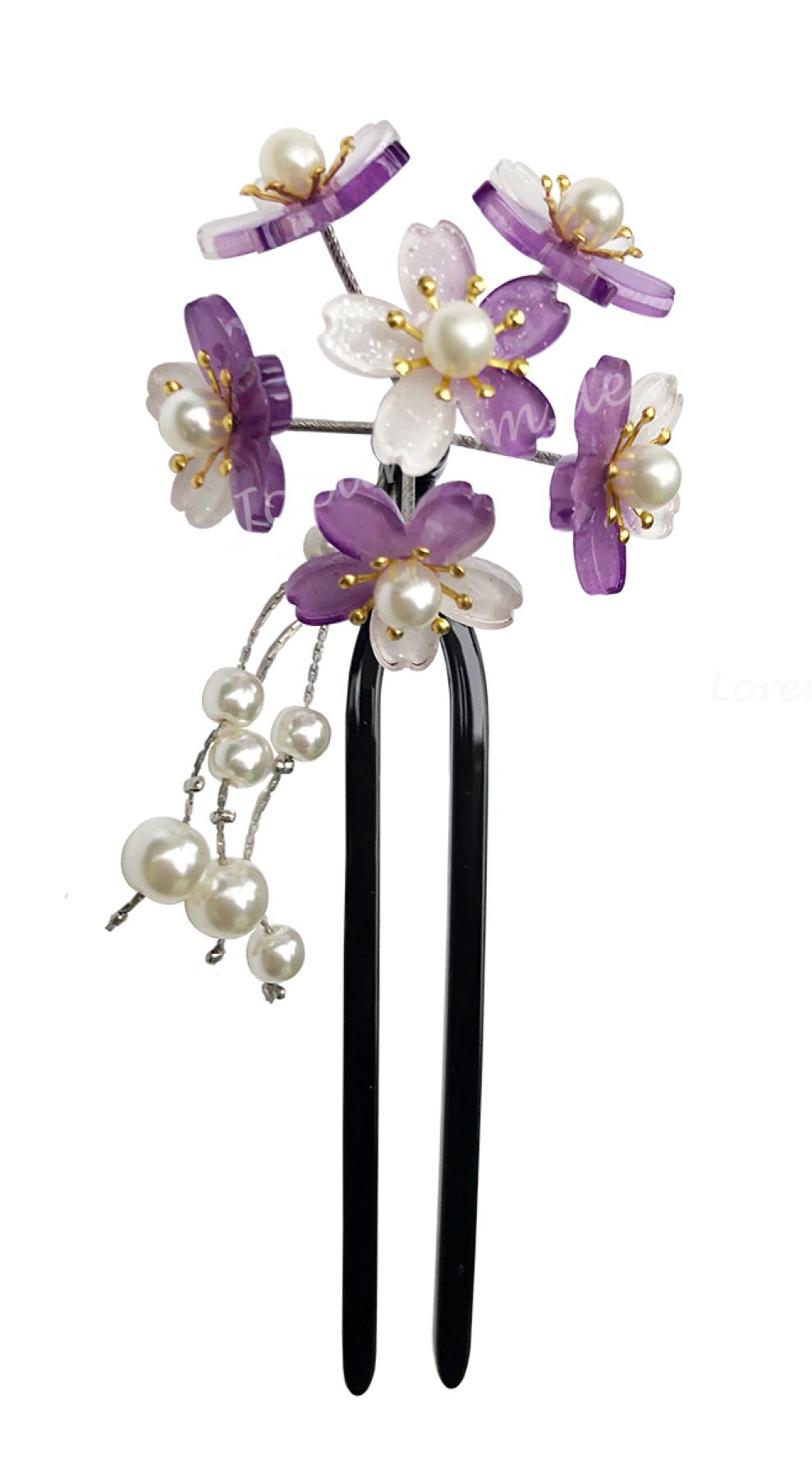 Haarnadel Sakura 6 Blüten violett U-Form