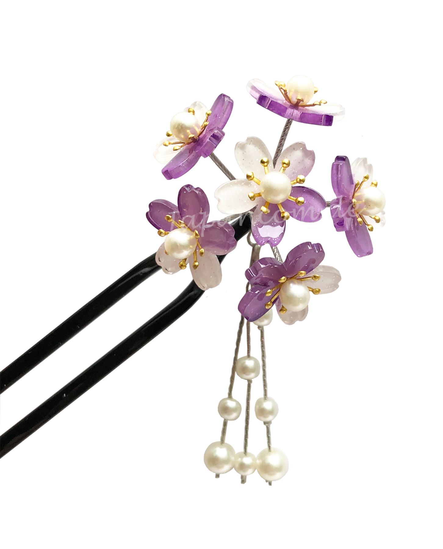 Haarnadel Sakura 6 Blüten violett U-Form