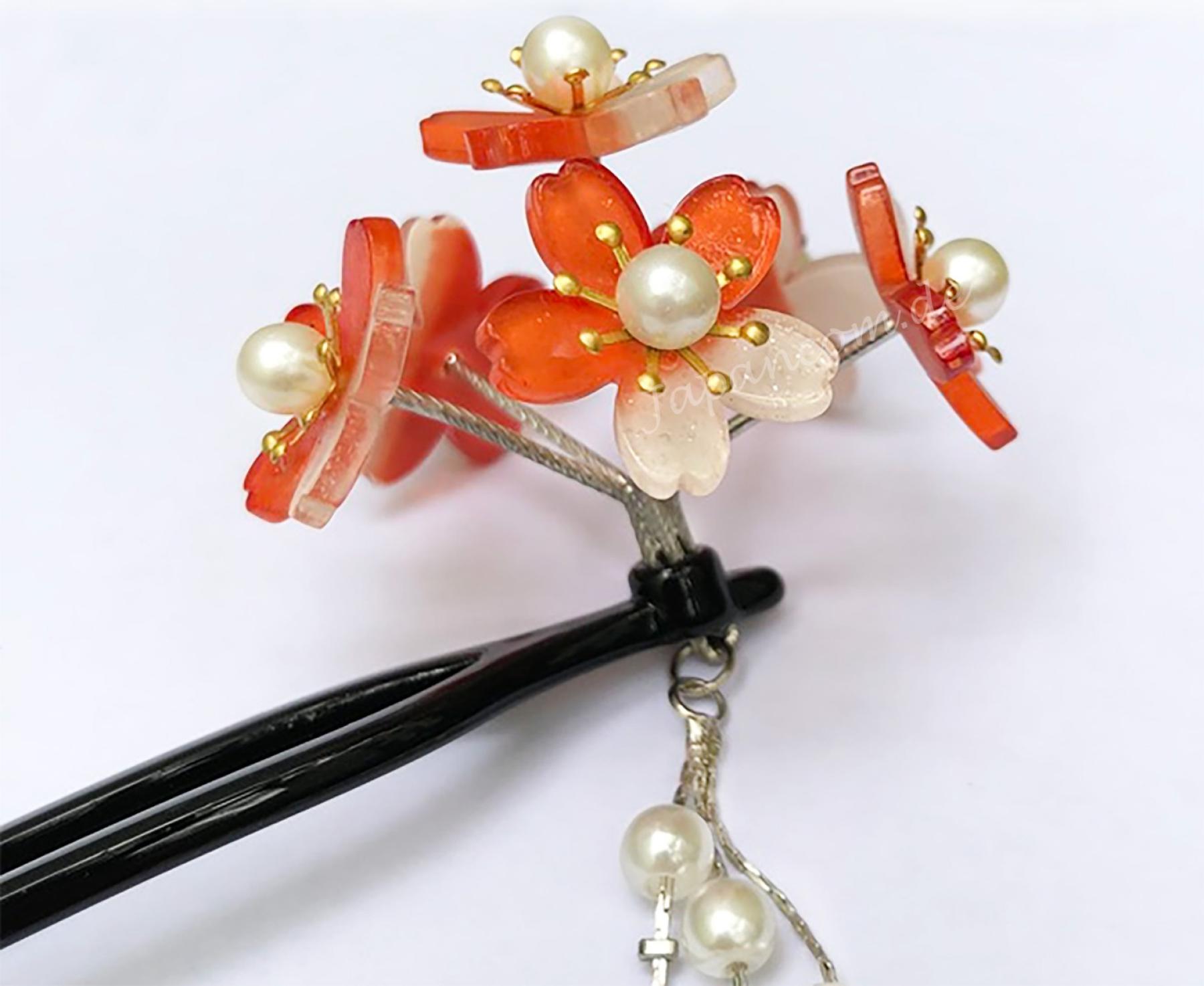 Haarnadel Sakura 6 Blüten U-Form orangerot
