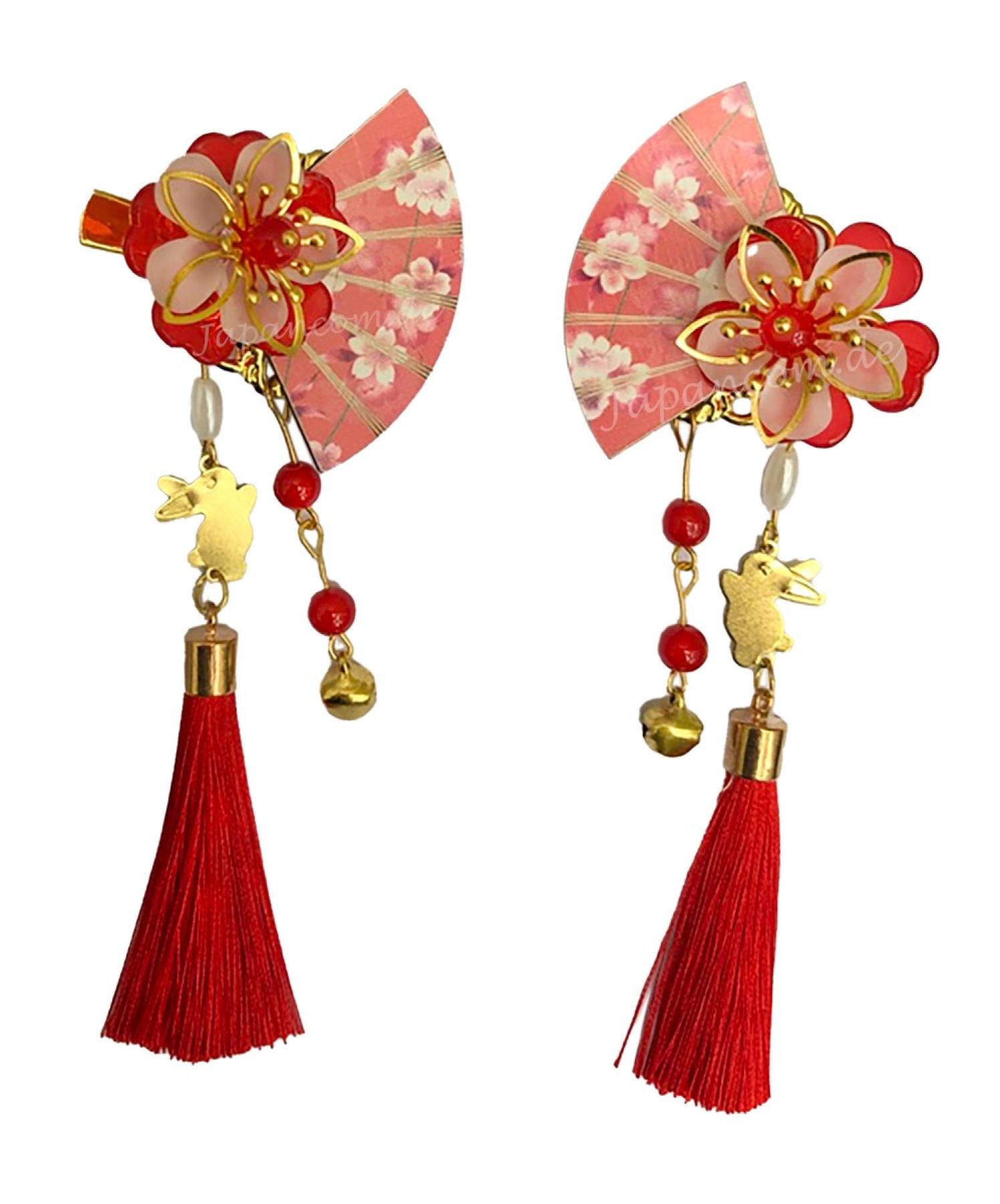 2 Haarclips Fächer Kirschblüten rot links rechts