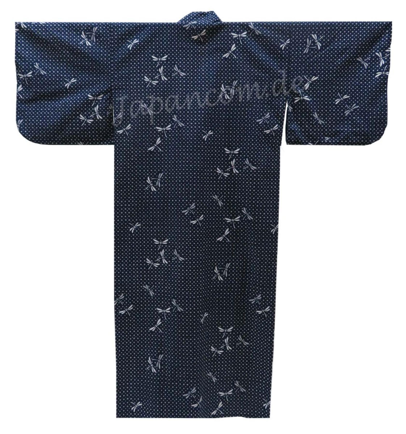 Schnittansicht des langen dunkelblauen Yukata mit weißen Libellen