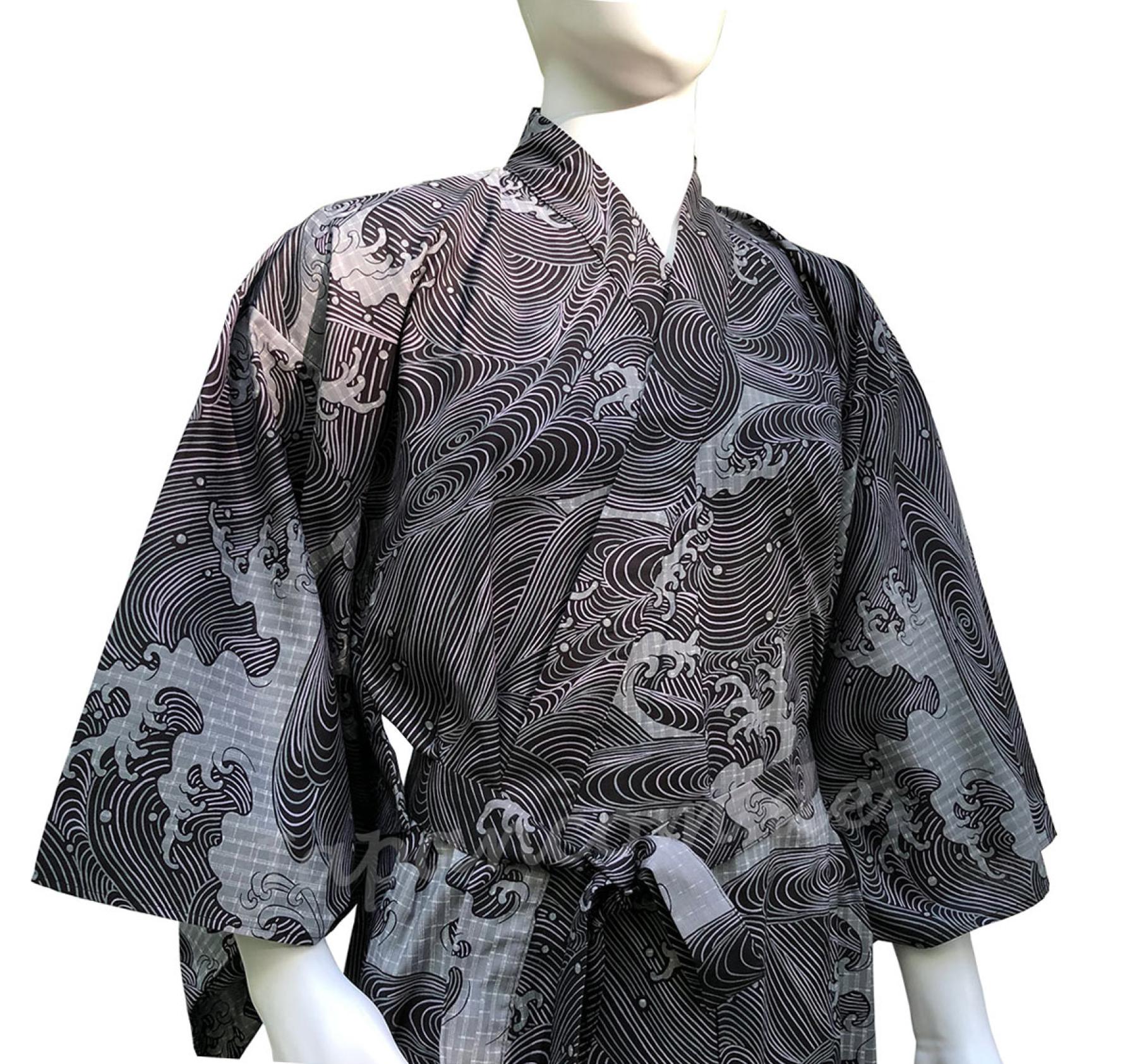 Herren Yukata Kimono Wellen Schwarz im japanischen Stil