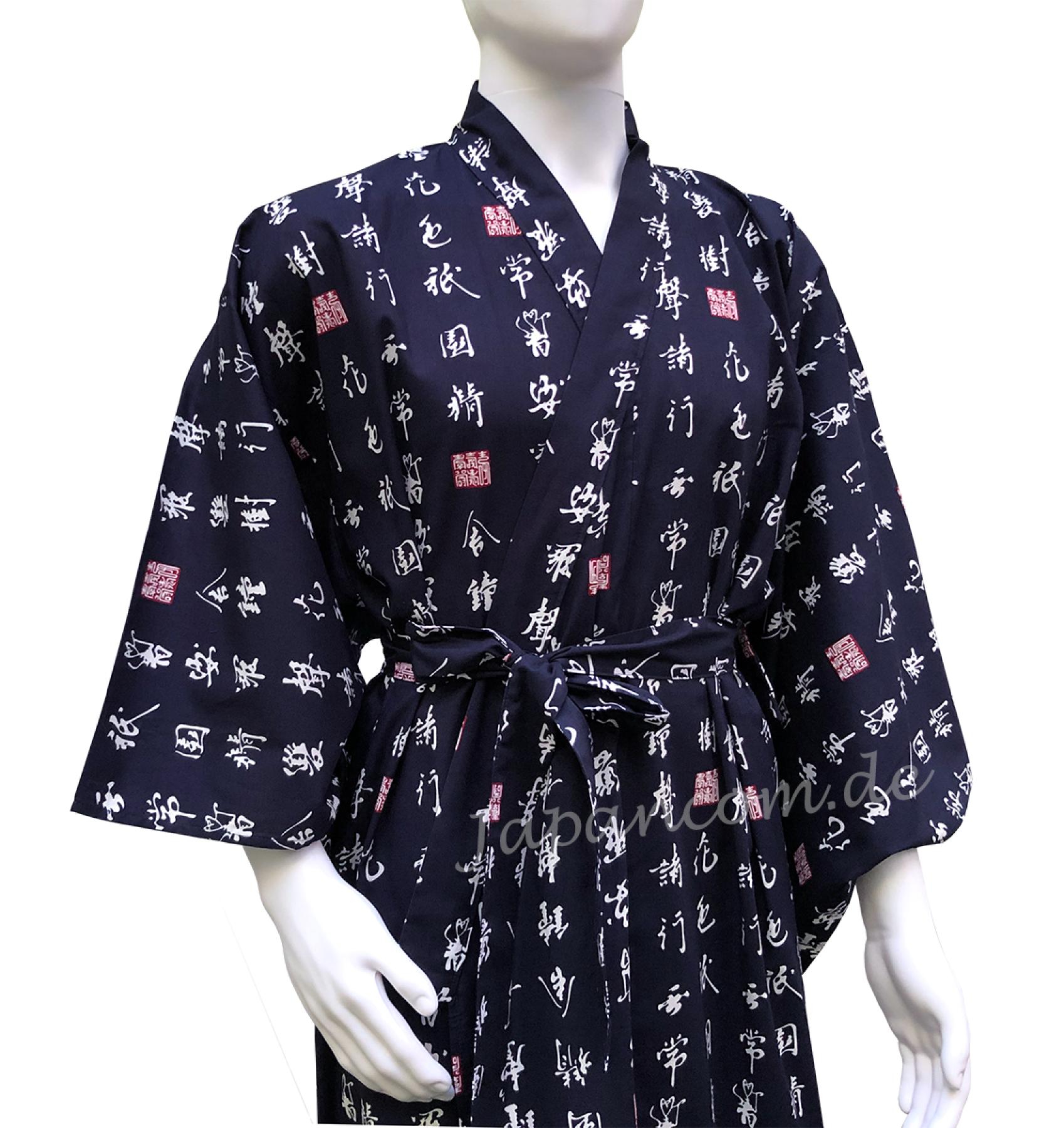 Herren Yukata Kimono Kanji blau Baumwolle vorne