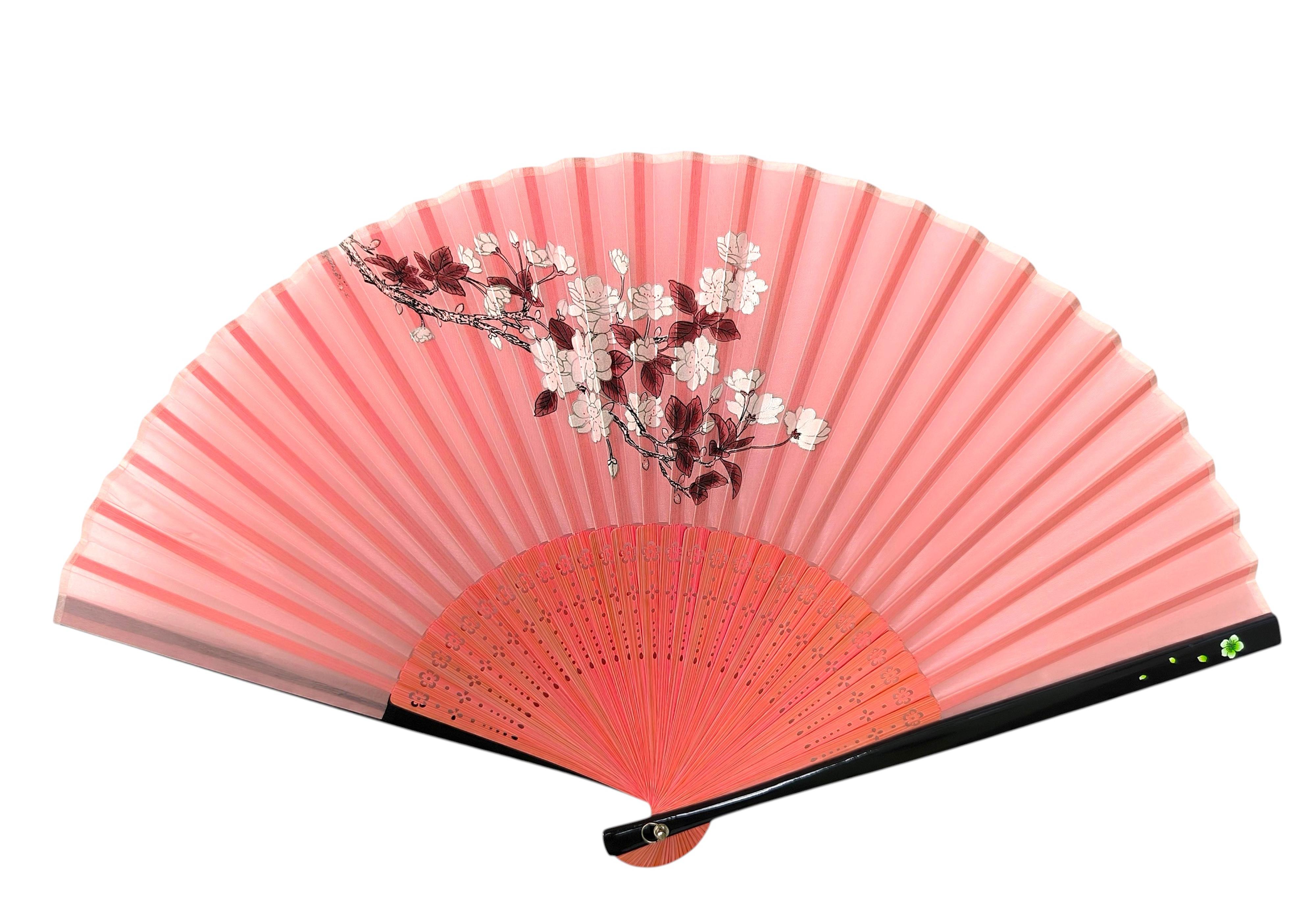 Japanischer Handfächer aus rosafarbener Seide mit rosa und roten Blüten