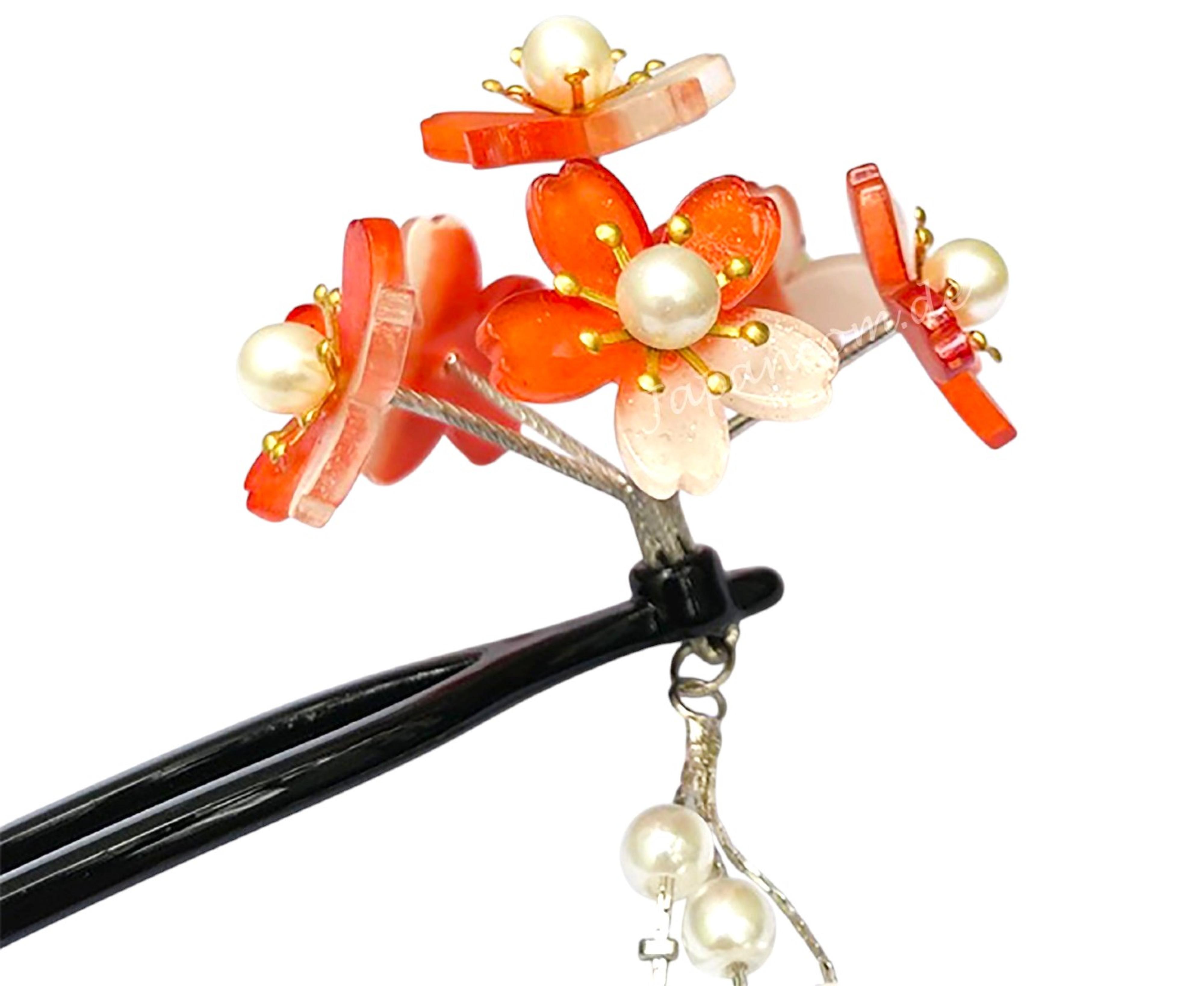 Haarnadel Sakura 6 Blüten U-Form orangerot