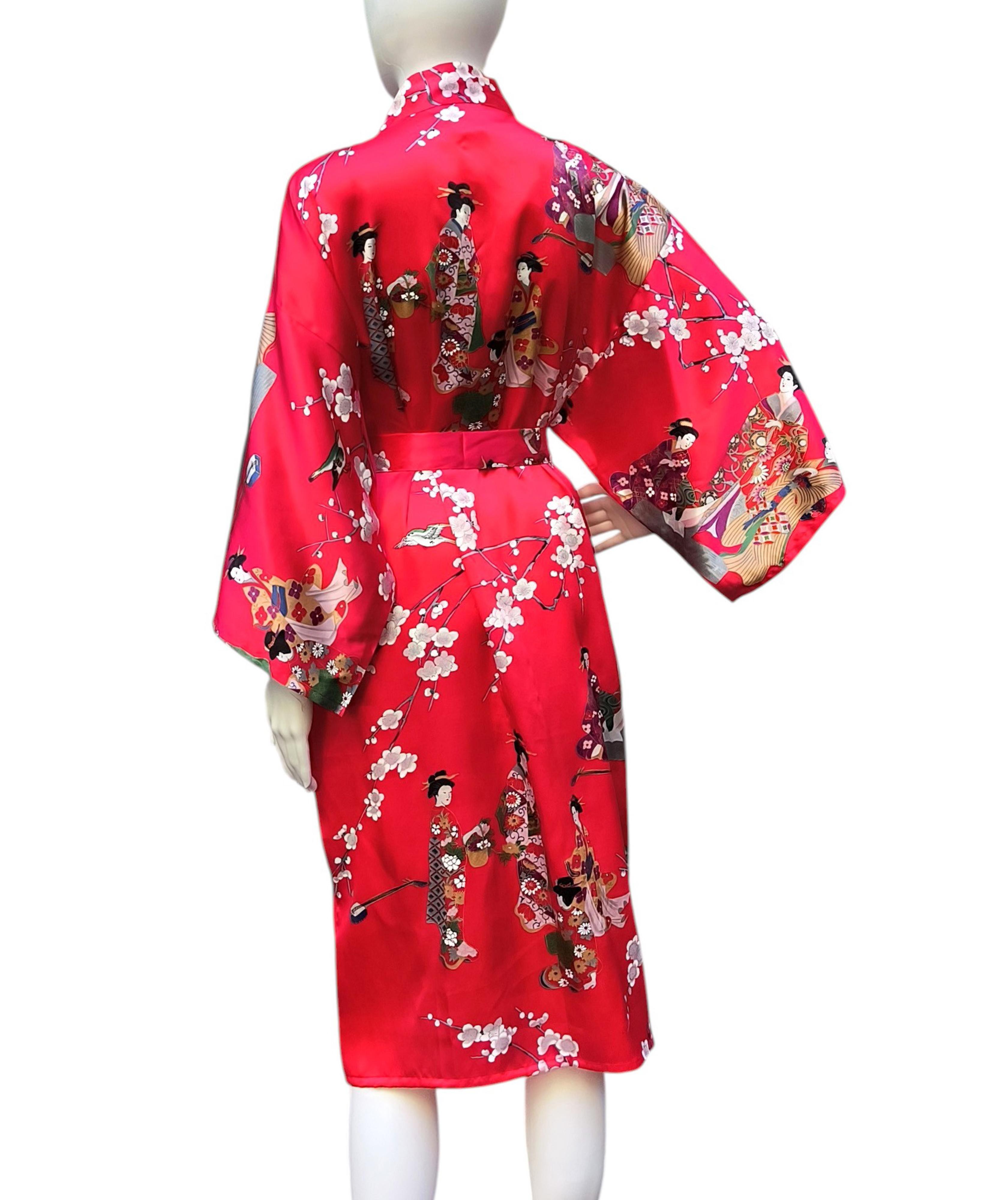 Seidenkimono Morgenmantel Kirschblütenfest rot
