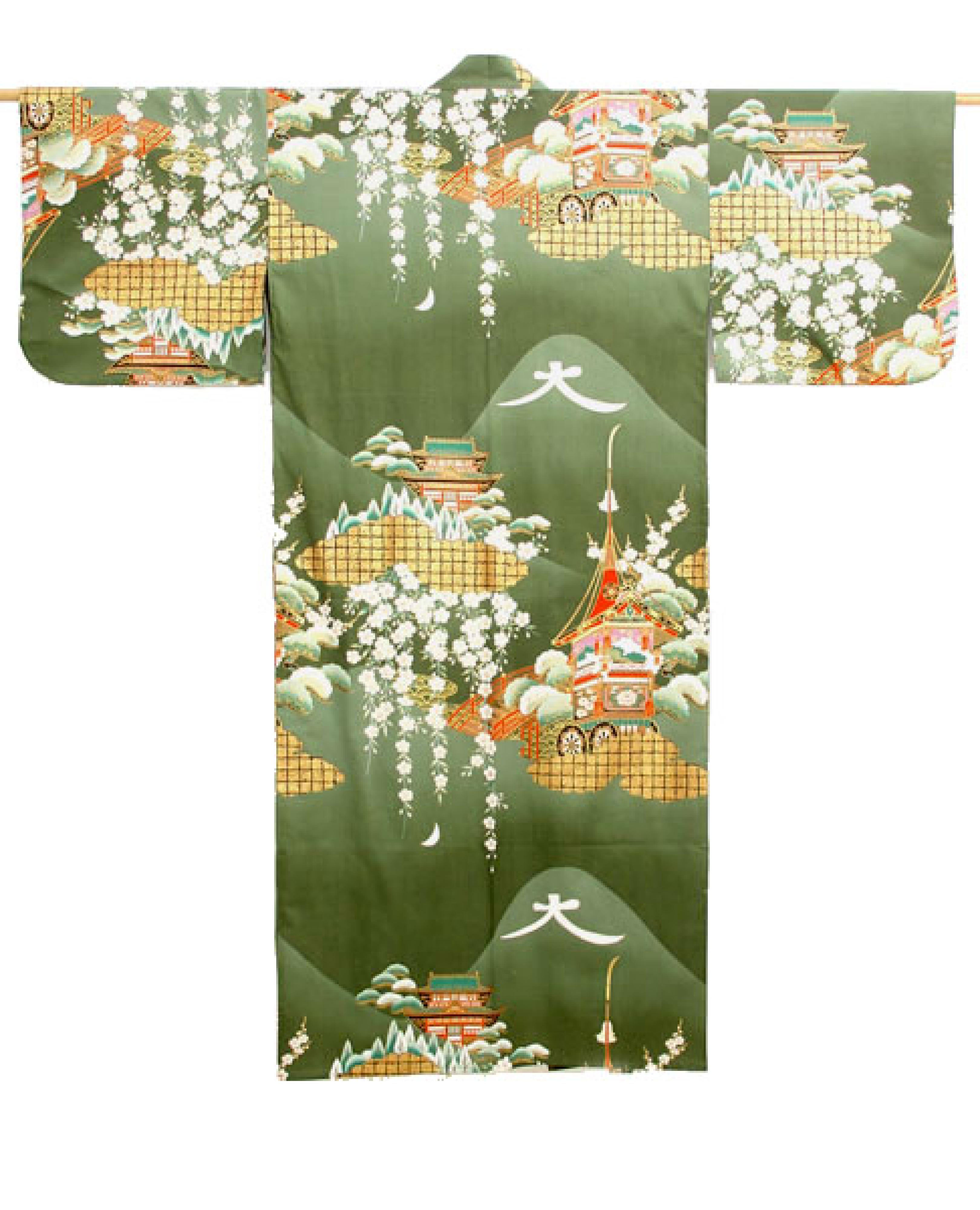 Grüner Damenkimono Daimonji mit Kirschblüten