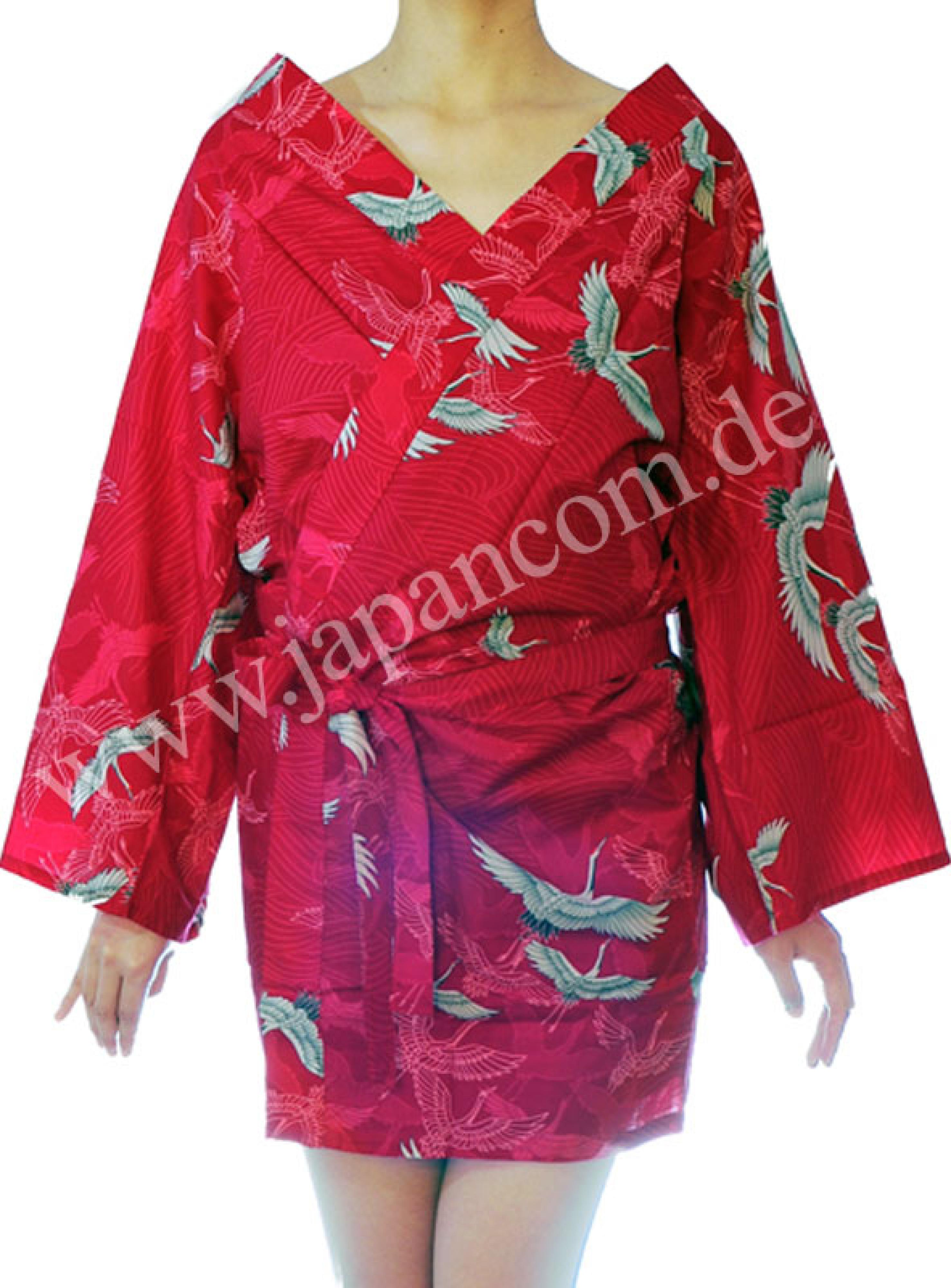 Happi - Kimono Bademantel Kranich Wellen rot kurz