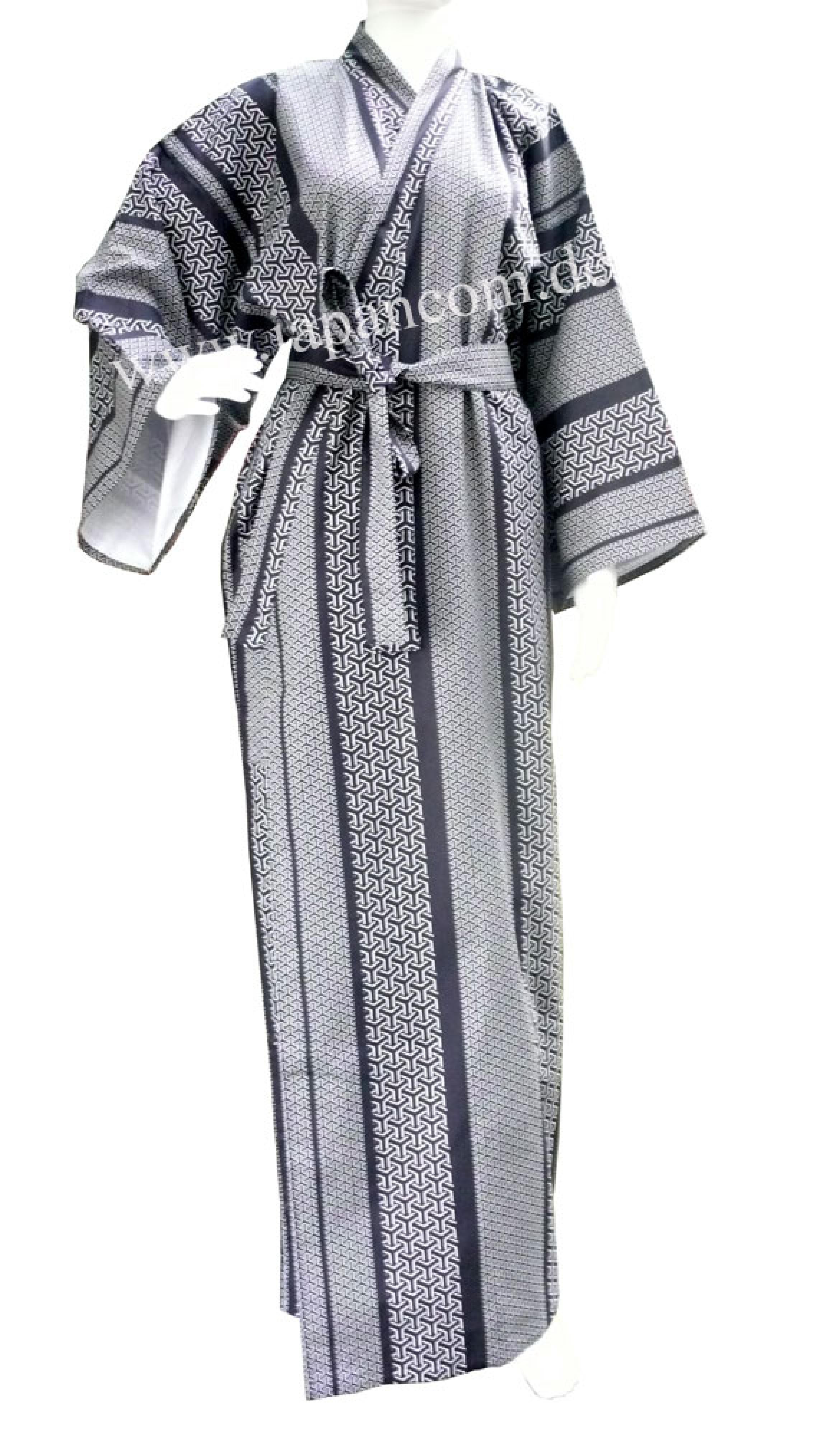 Yukata Kimono Japanisches Muster grau-schwarz XXL gefüttert