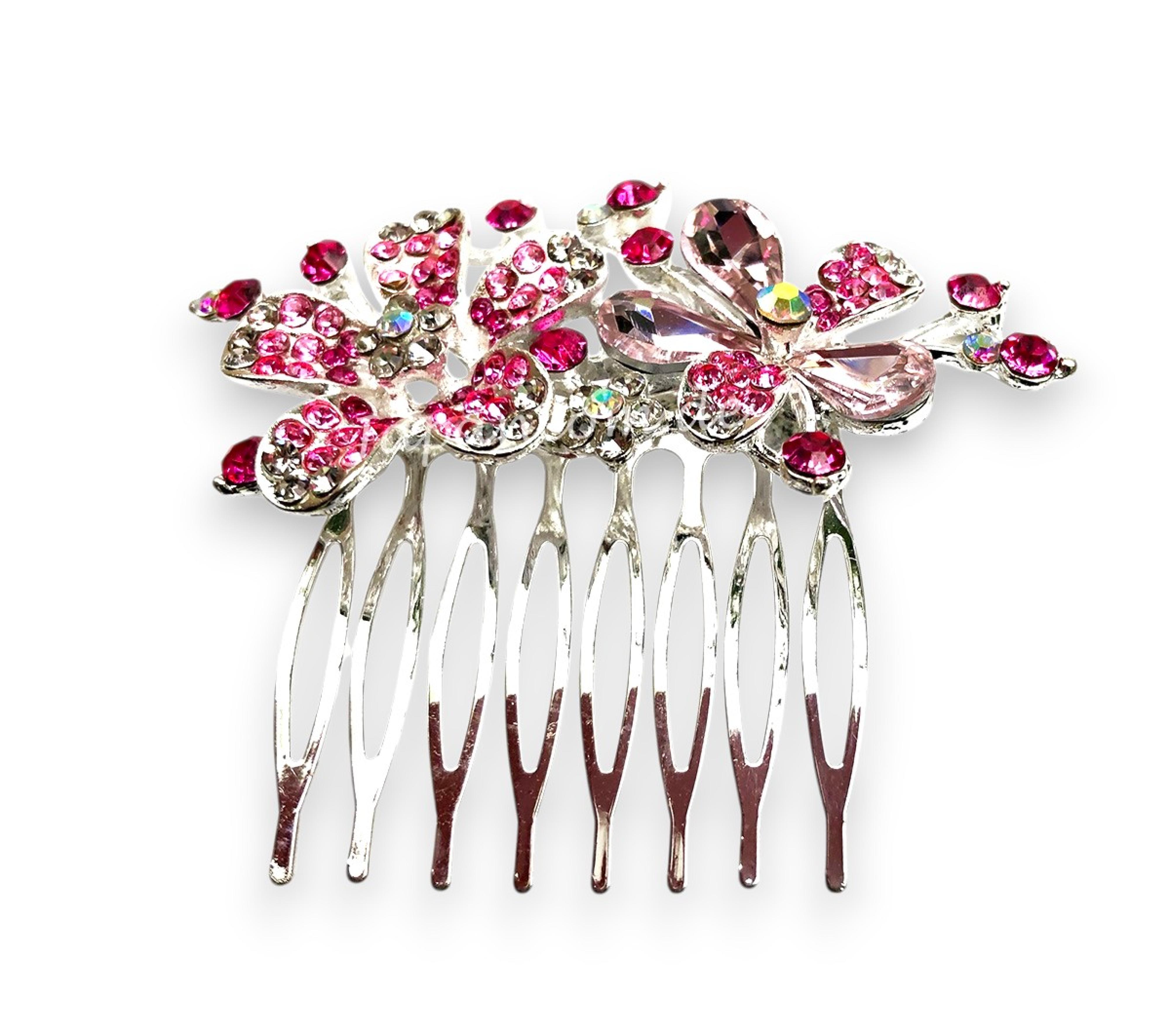 Haarkamm Blume mit Glitzersteinen rot