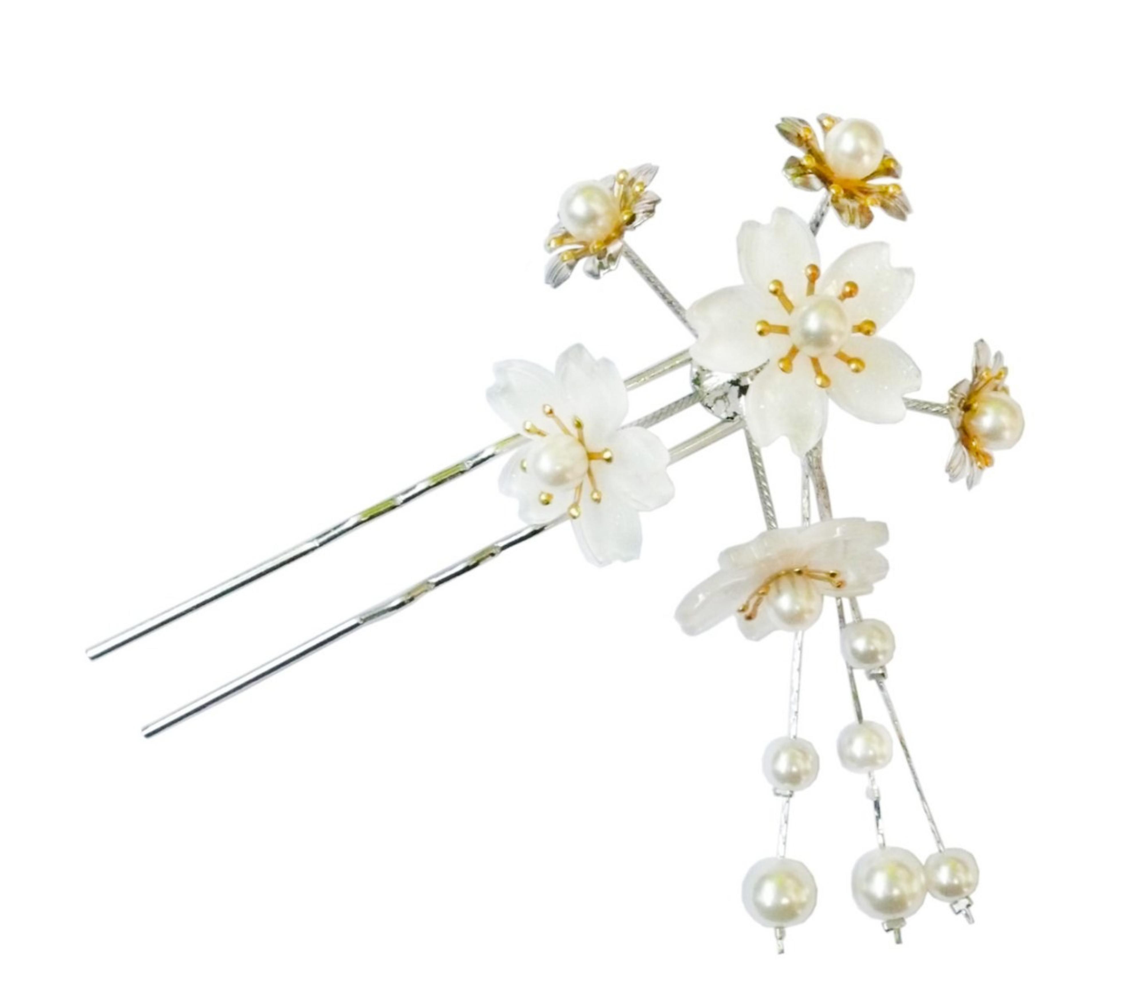 Kanzashi Haarnadel Sakura weiss U-Form