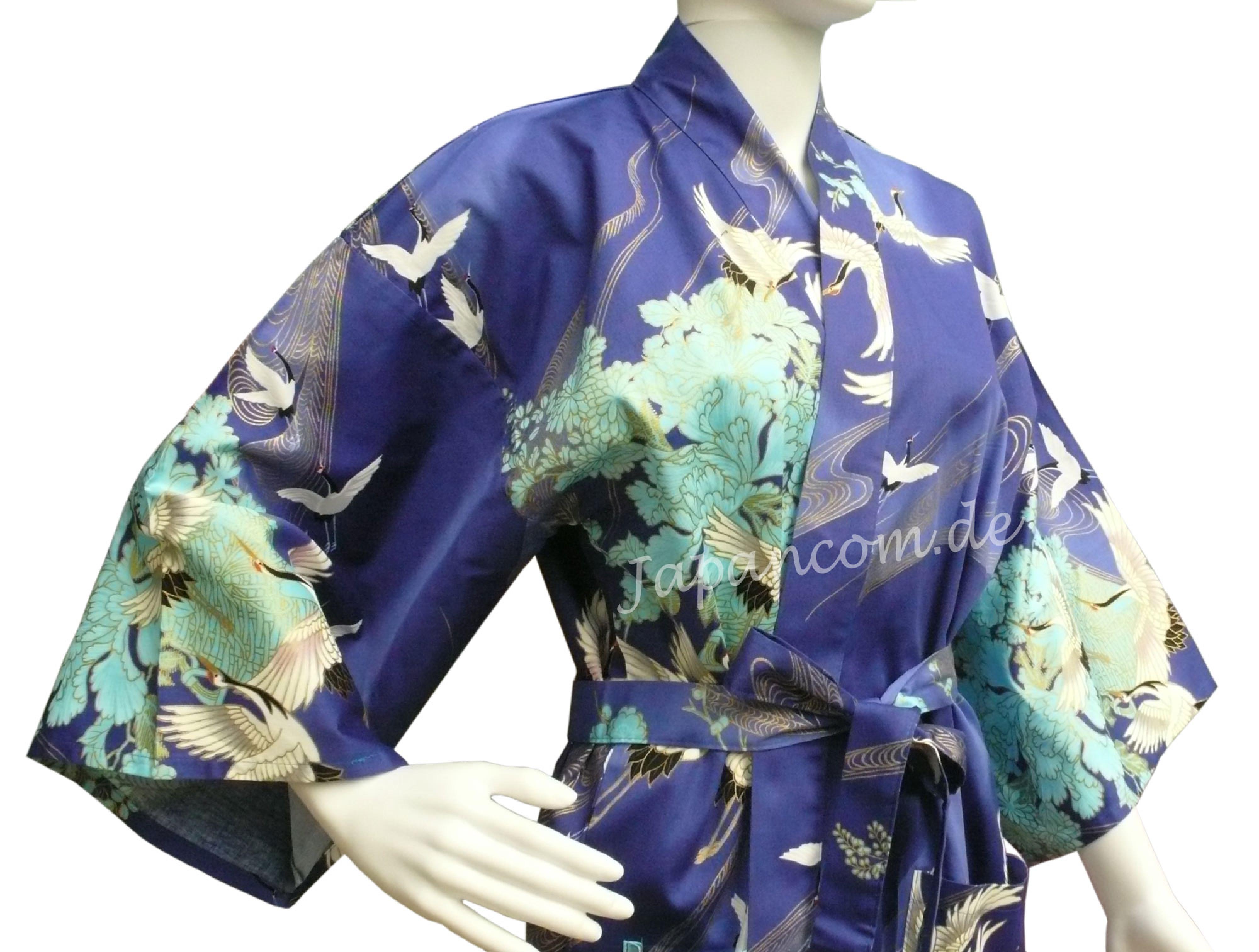 Royalblauer Happi Kimono mit Kranichmotiv und Gürtel