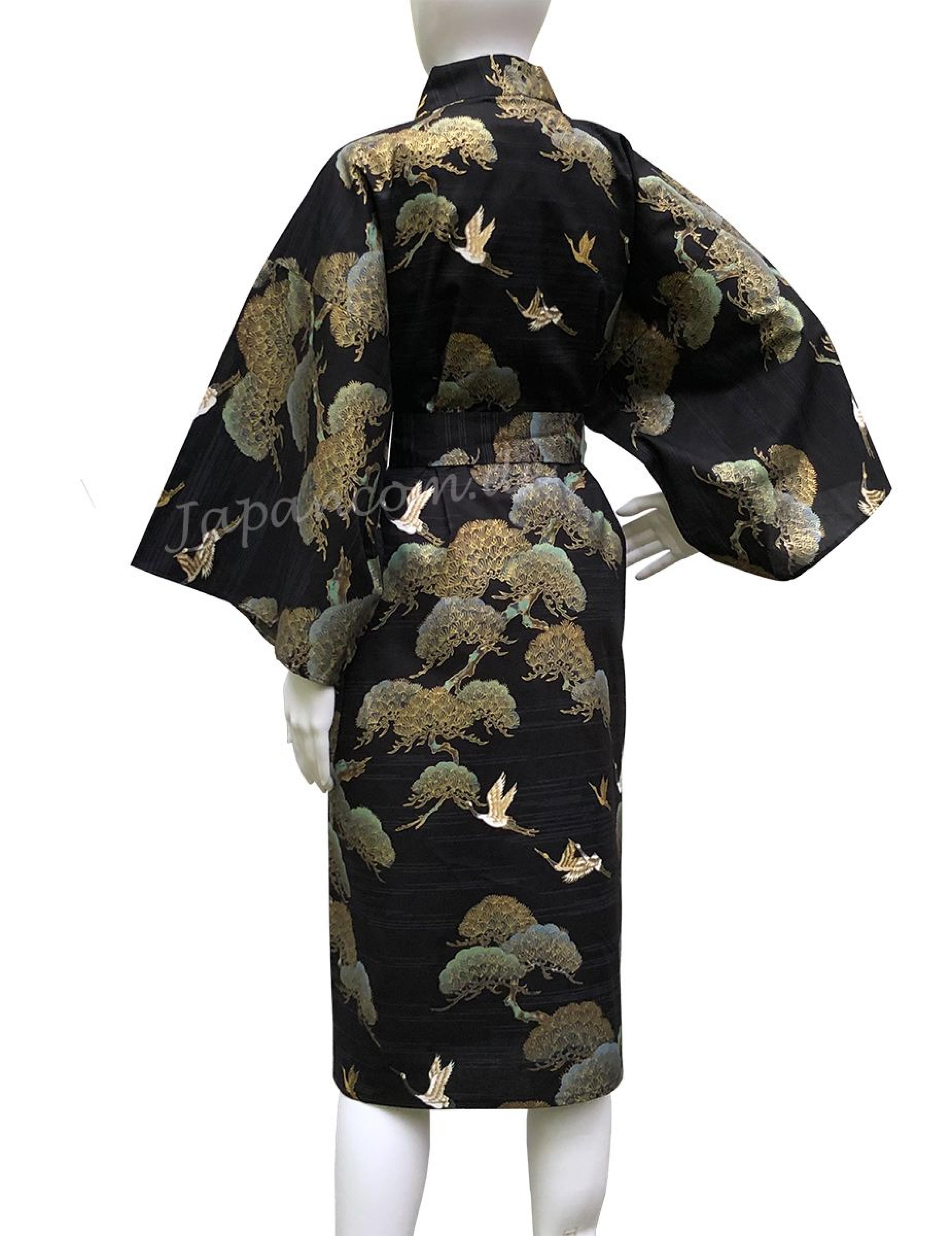 Damen / Herren Kimono Kraniche Kiefern schwarz knielang