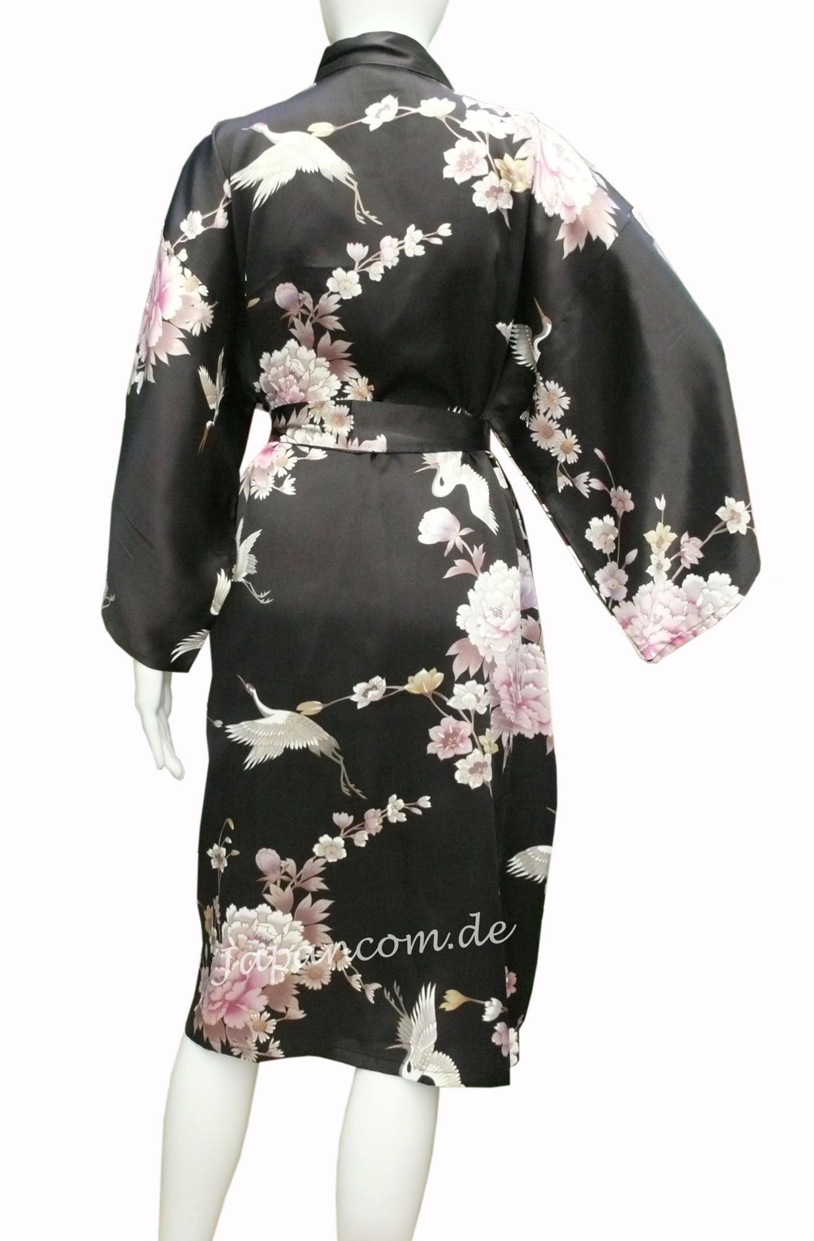 Schwarzer Morgenmantel Seidenkimono Royal Cranes