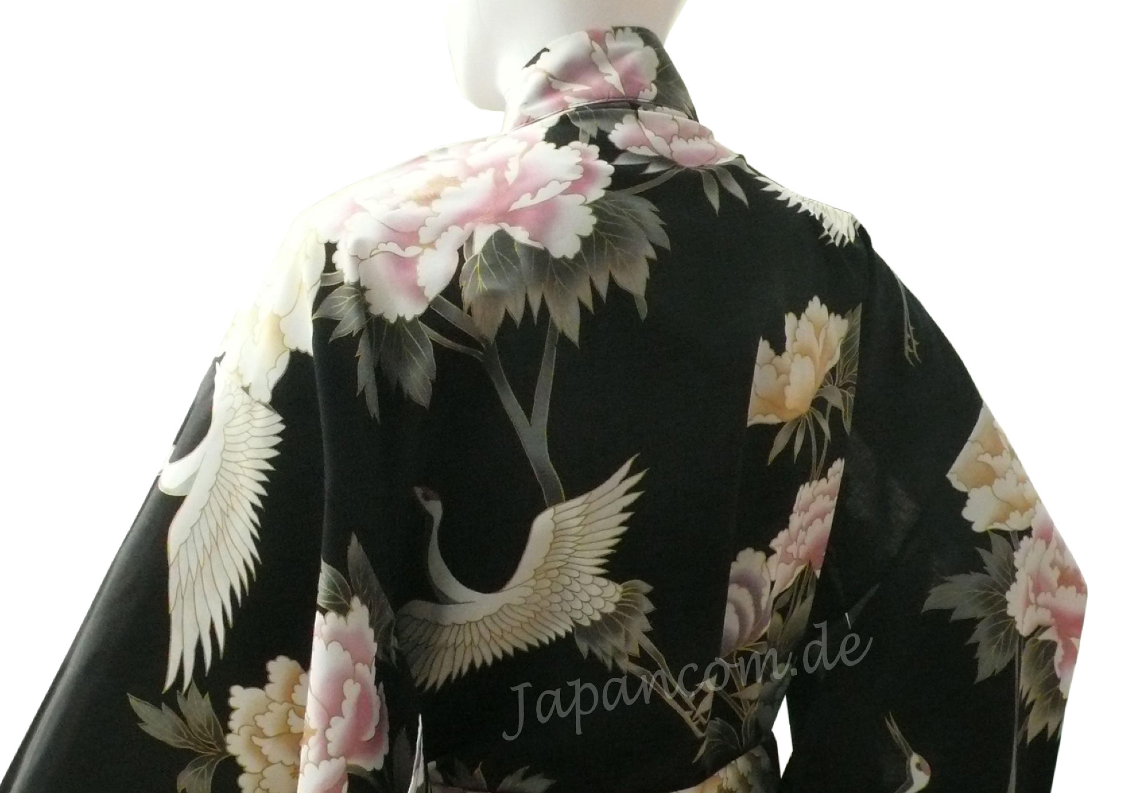 Damen Kimono Royal Cranes schwarz, lang, Baumwolle
