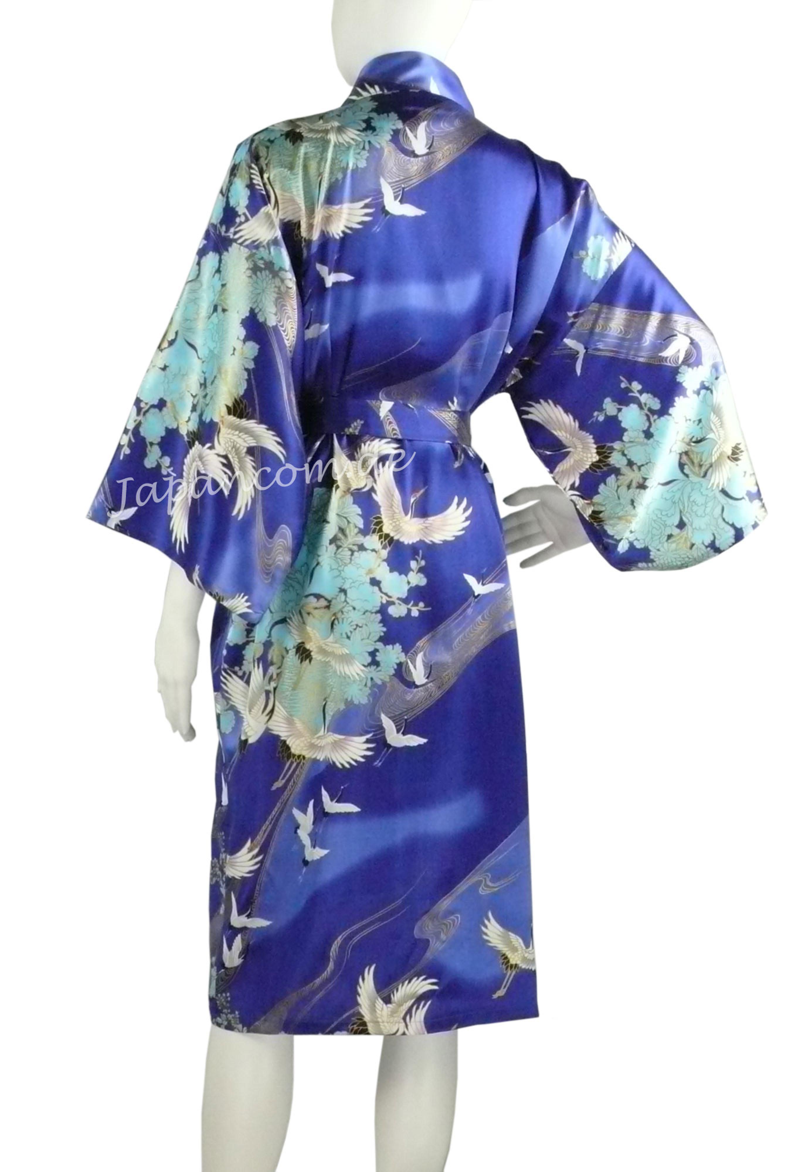 Kimono Seide Tsuru blau kurz