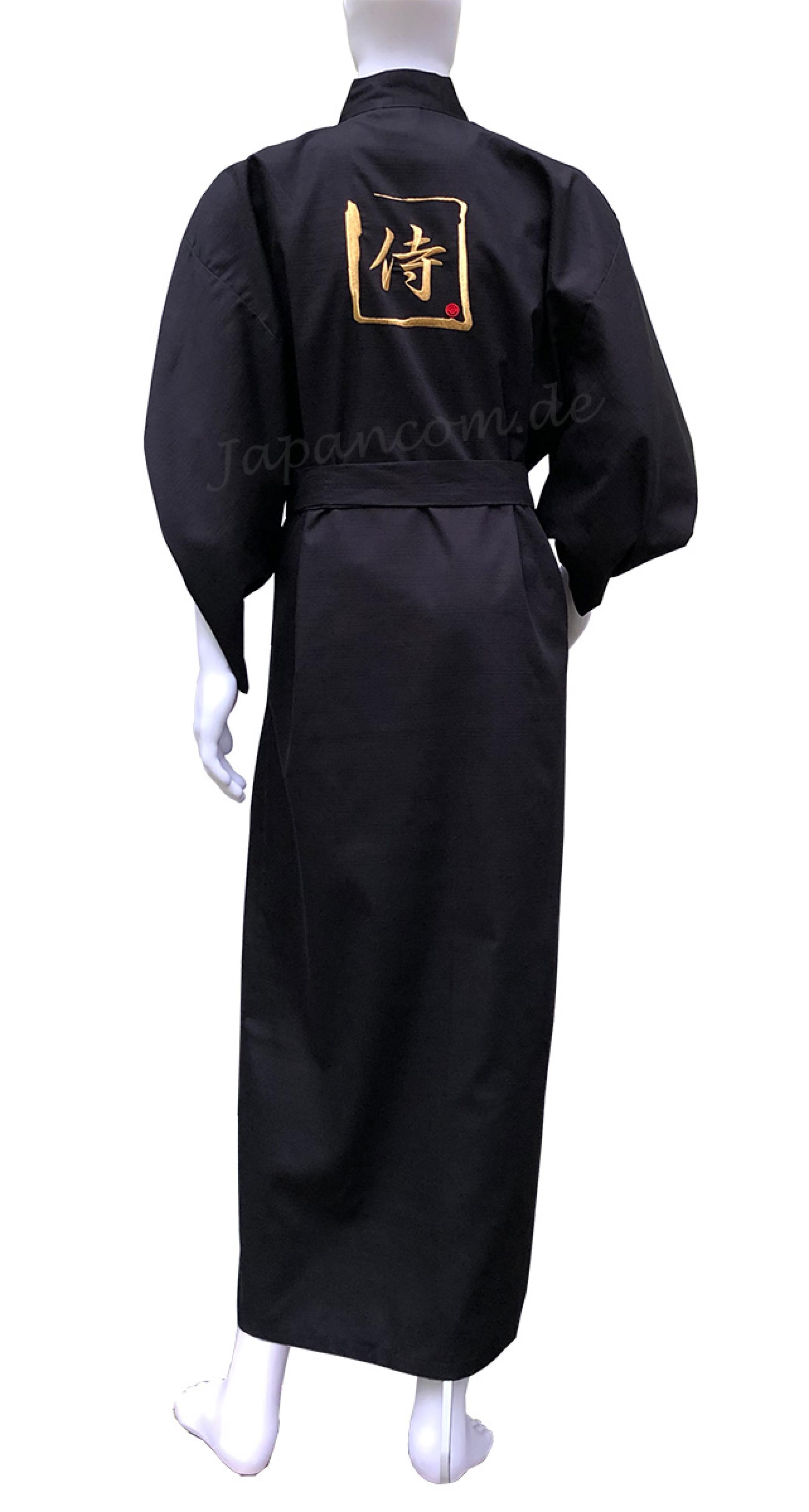 Kimono Stickerei Samurai, schwarz, Baumwolle, lang