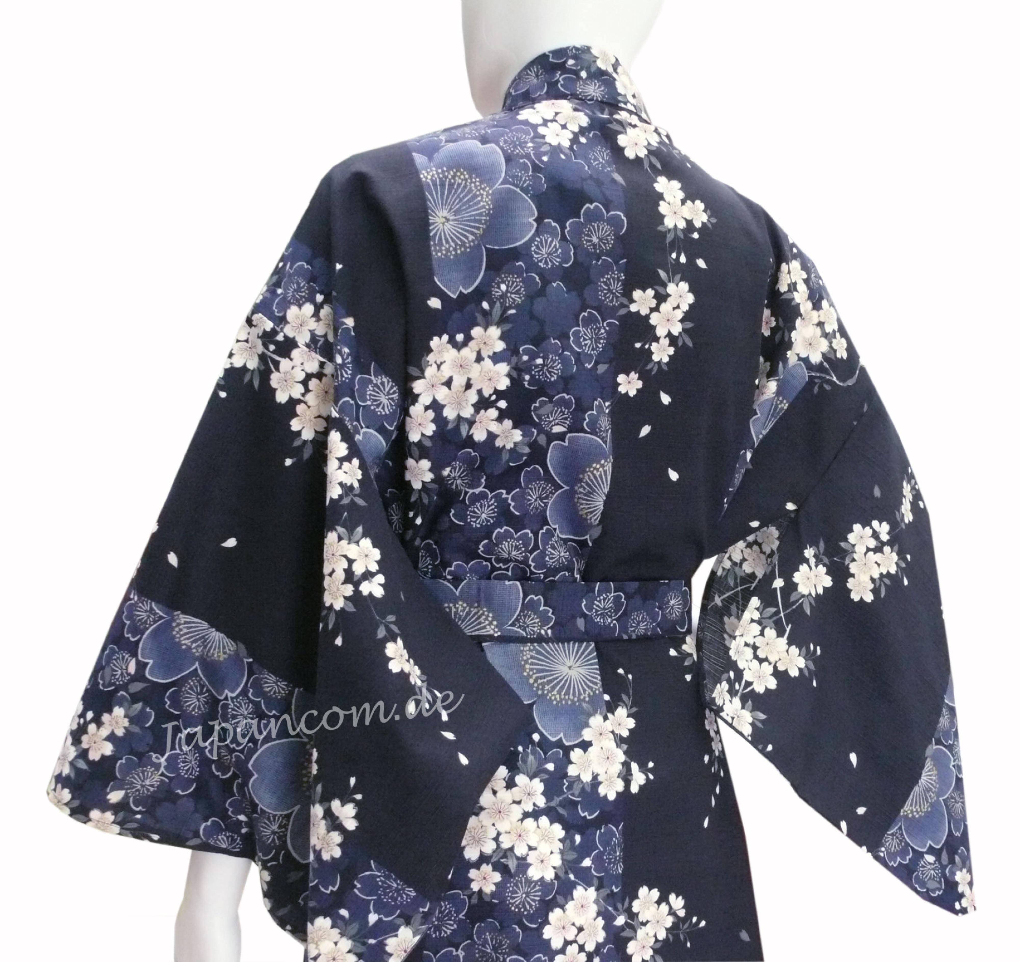 Damen Kimono Sakura Kirschblüte blau, lang