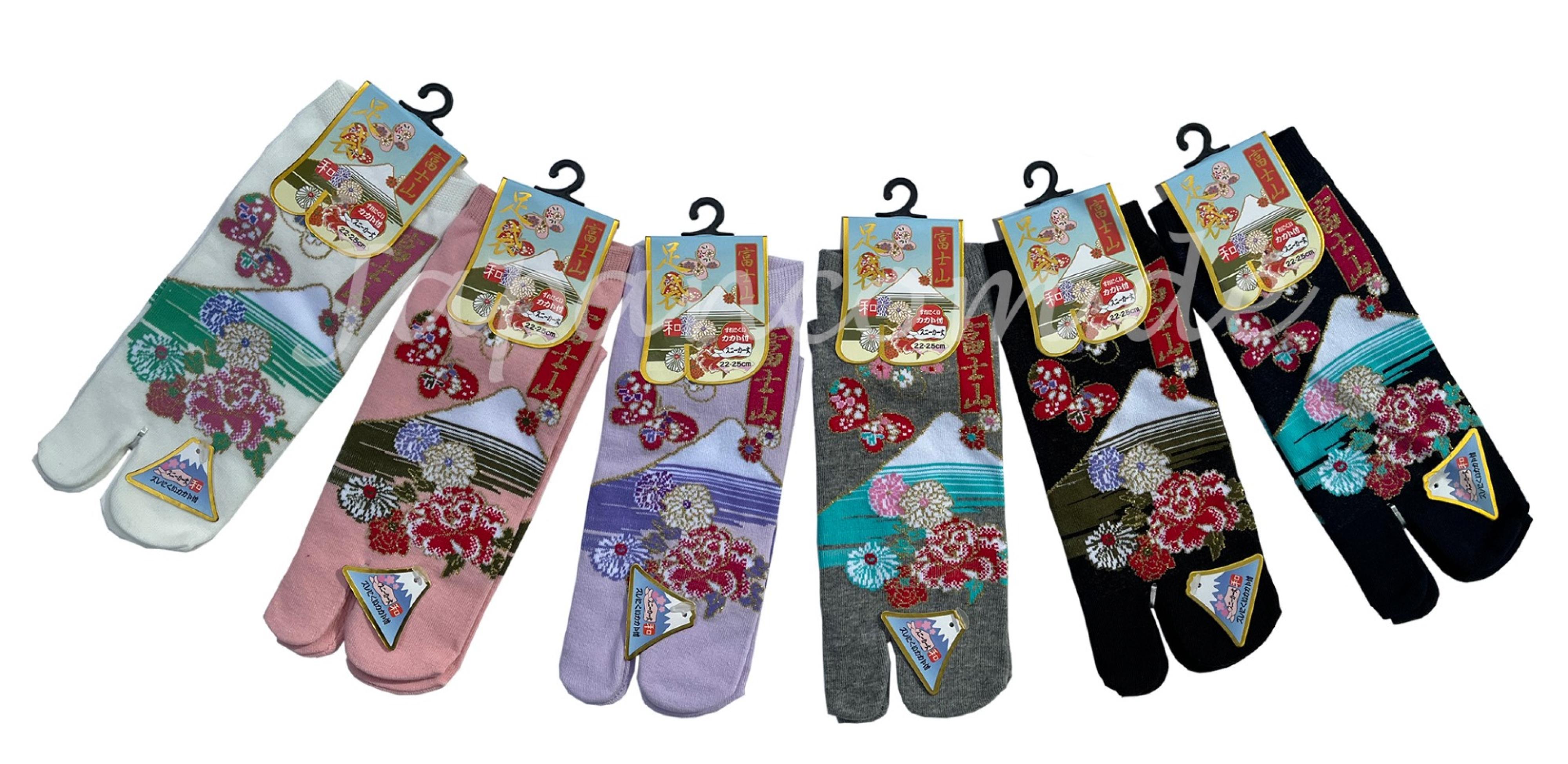 Japanische Tabi Socken mit schneebedecktem Fuji und Blumen