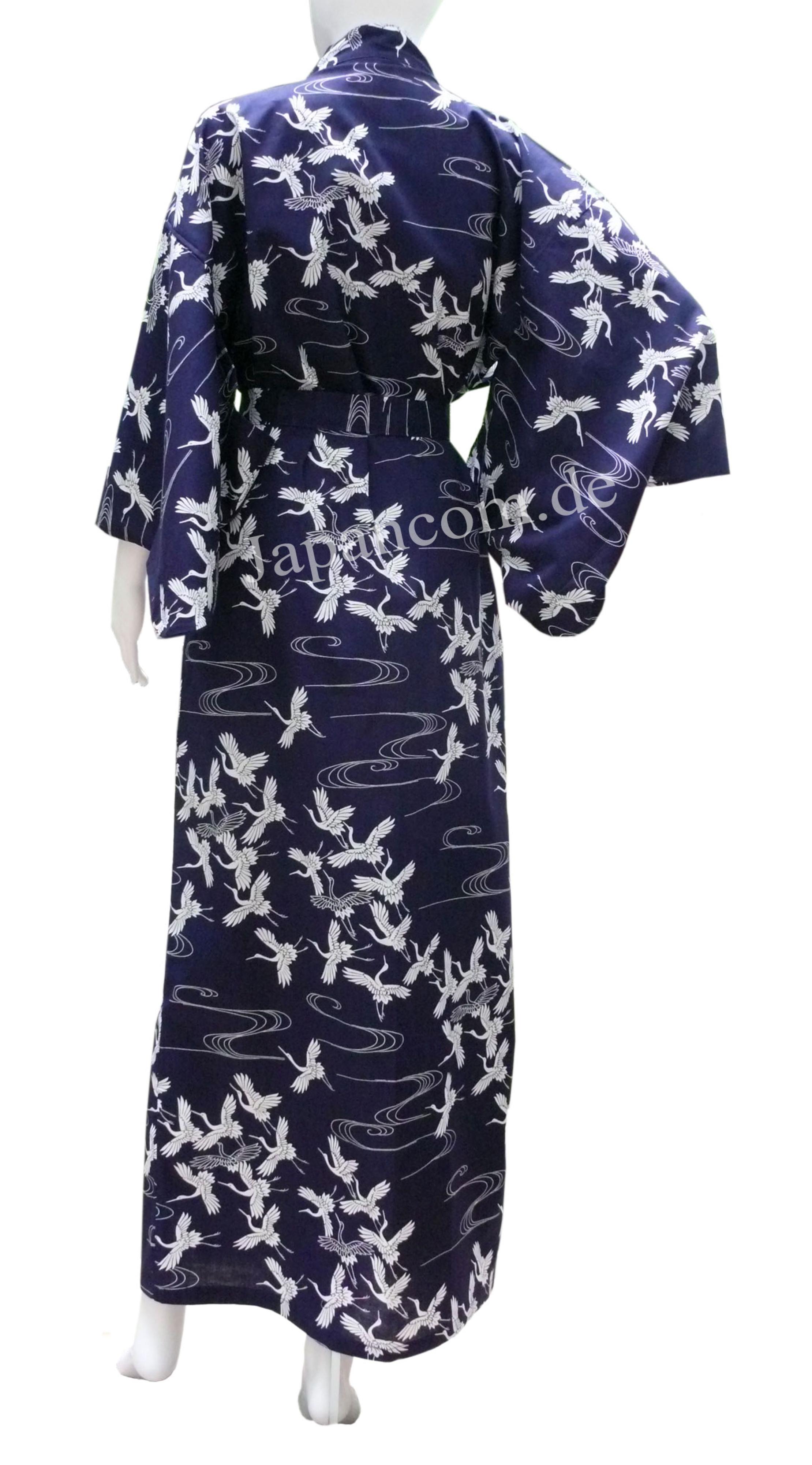 Damen Yukata Kimono Schneekraniche dunkelblau