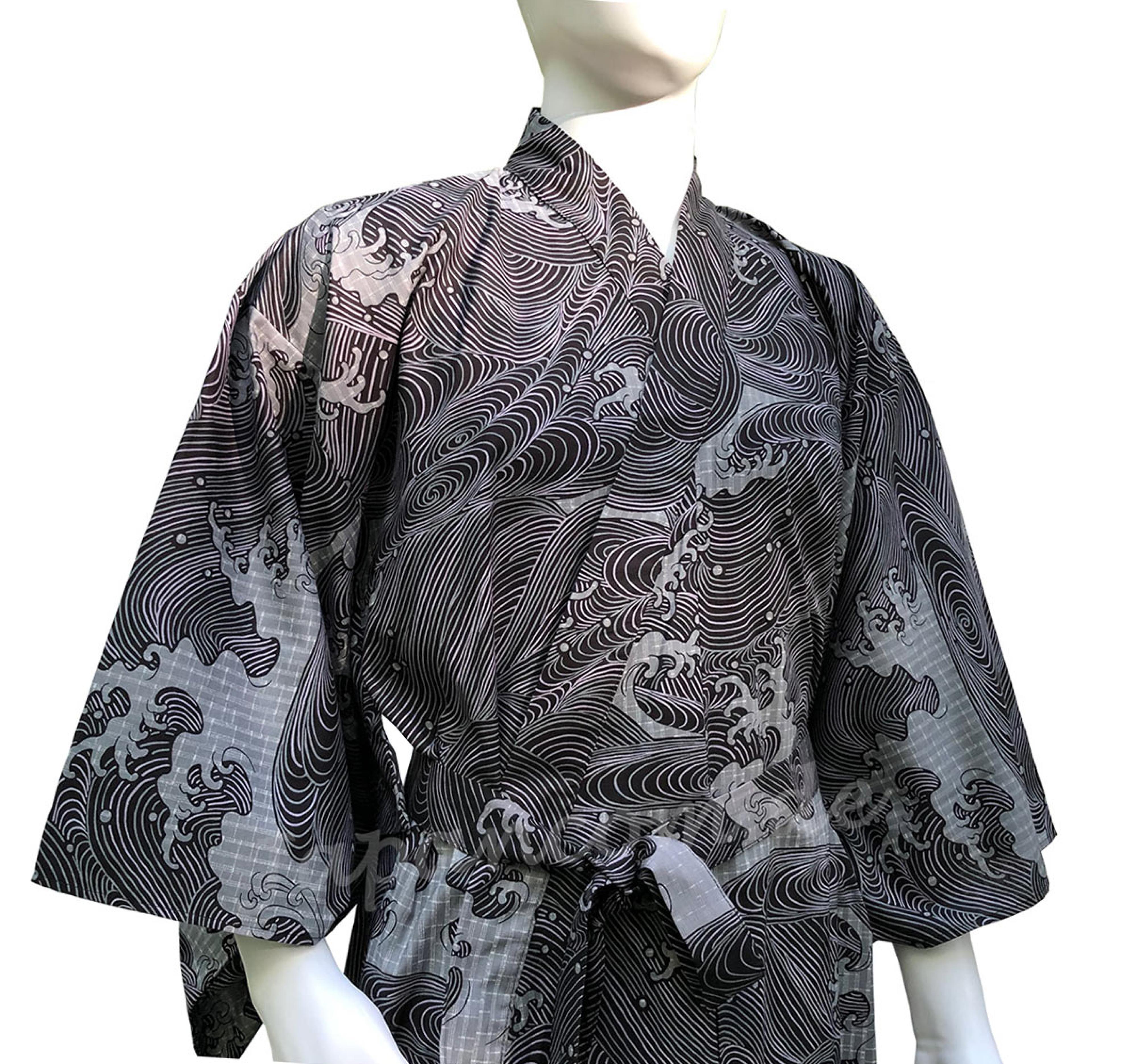 Herren Yukata Kimono Wellen Schwarz im japanischen Stil
